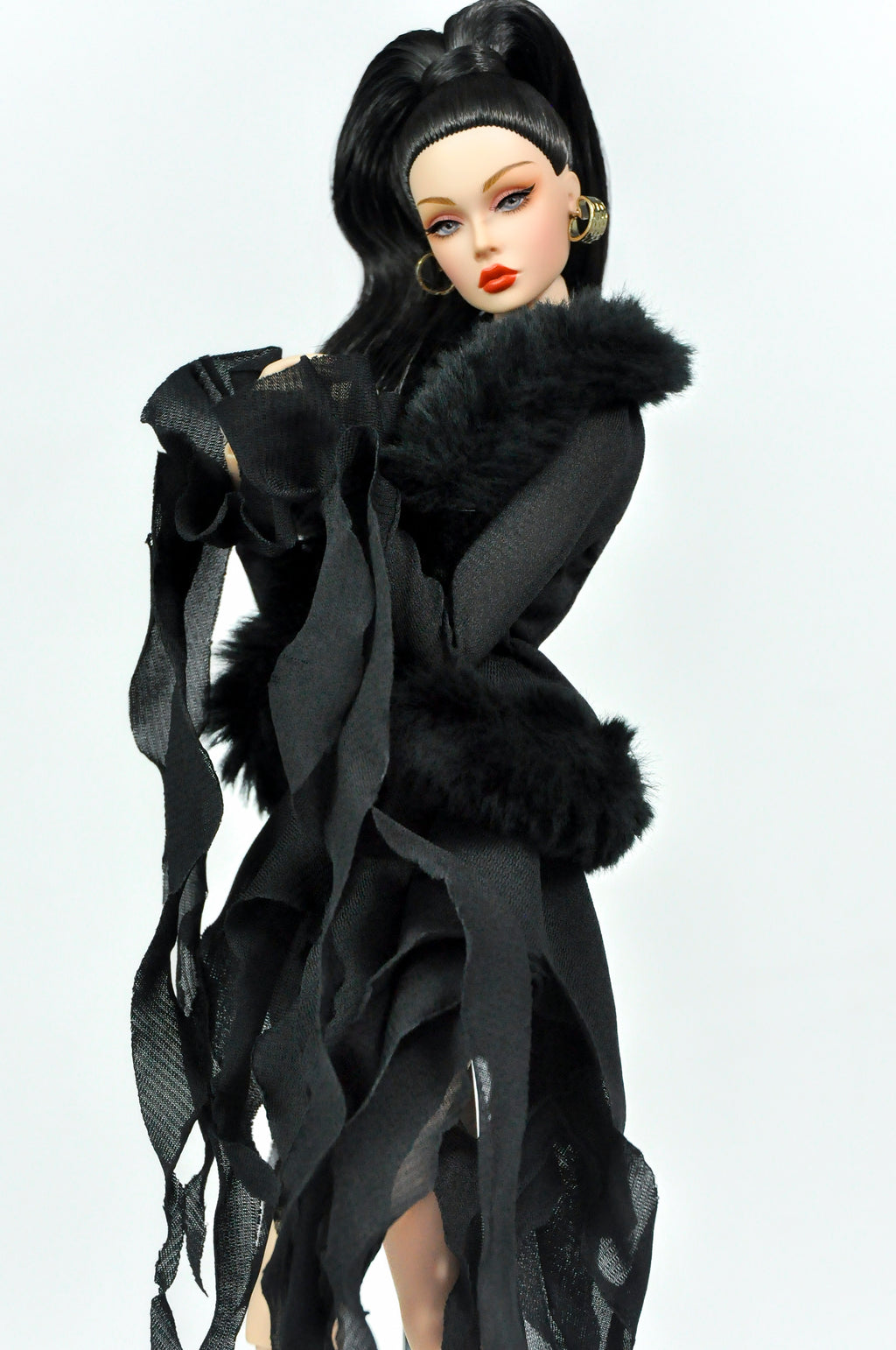 BASIC | Midnight Siren Dress – Fashion Royalty 6.0 Doll Couture Black Gown with Fur Trim