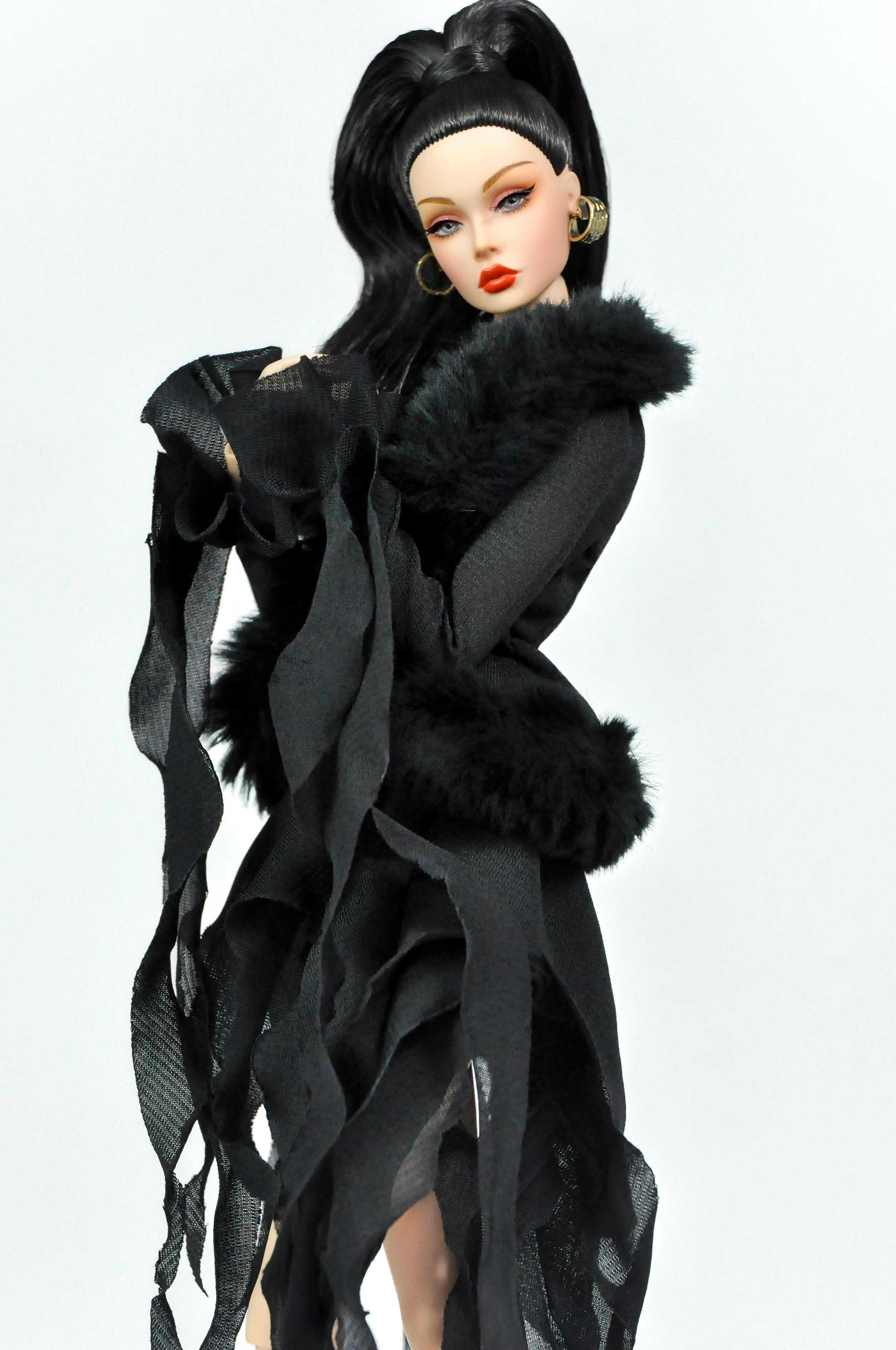 BASIC | Midnight Siren Dress – Fashion Royalty 6.0 Doll Couture Black Gown with Fur Trim