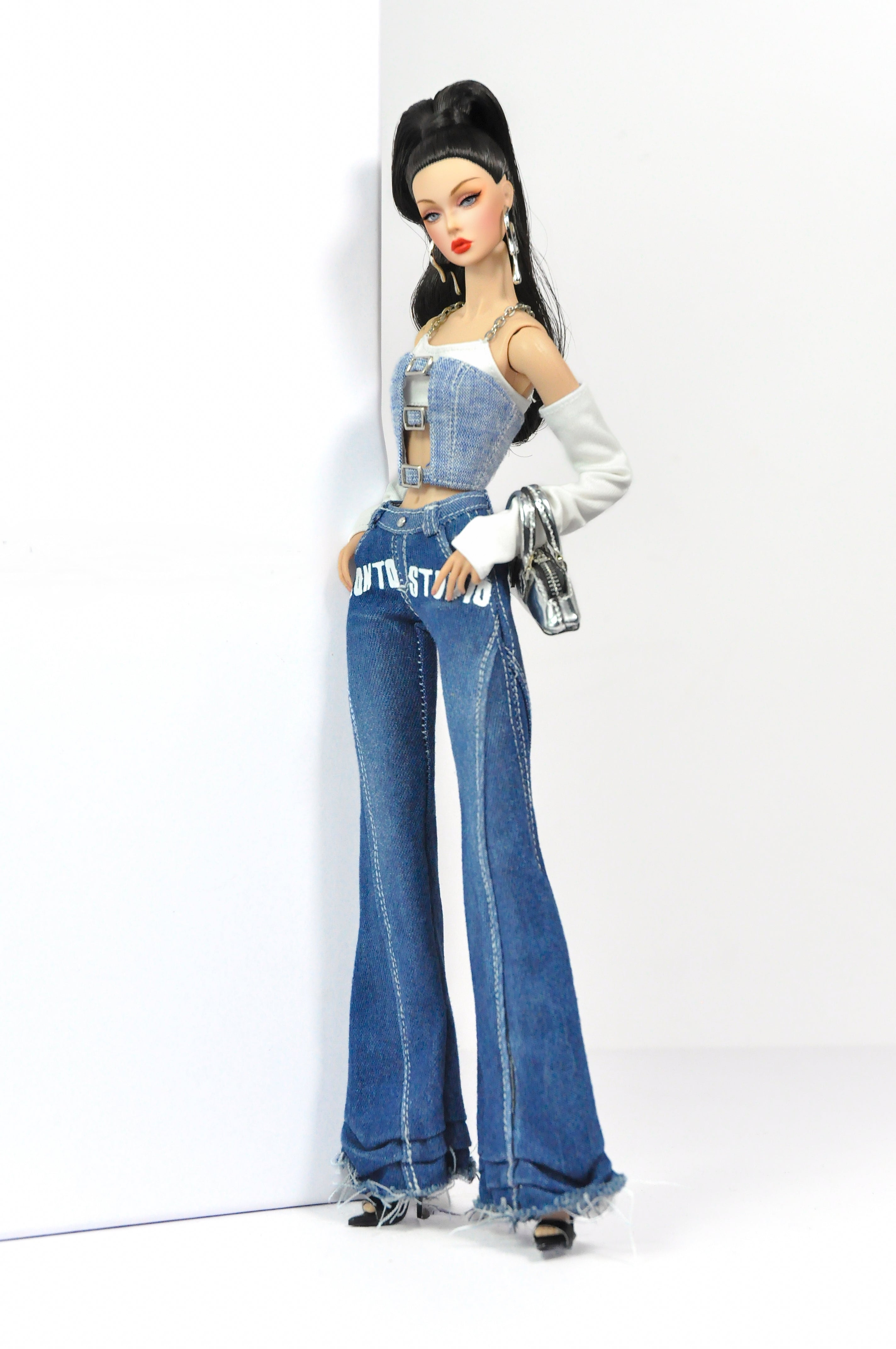 DEMIM DIVA | Deposit only - Denim Diva Buckle Crop Top & Flare Jeans Set – Fashion Royalty 6.0 Doll Clothes | Plastiktiara