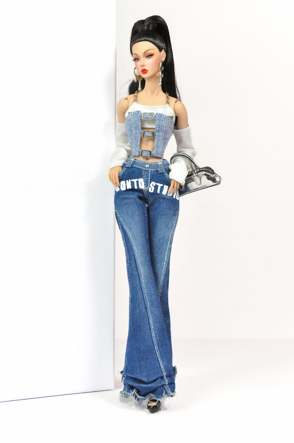 DEMIM DIVA | Deposit only - Denim Diva Buckle Crop Top & Flare Jeans Set – Fashion Royalty 6.0 Doll Clothes | Plastiktiara