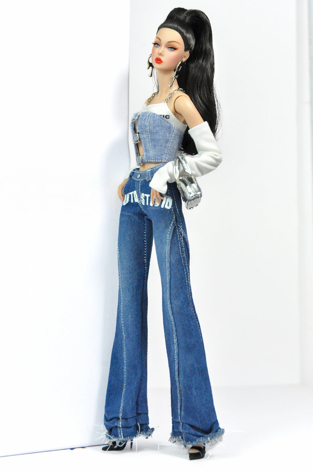 DEMIM DIVA | Deposit only - Denim Diva Buckle Crop Top & Flare Jeans Set – Fashion Royalty 6.0 Doll Clothes | Plastiktiara