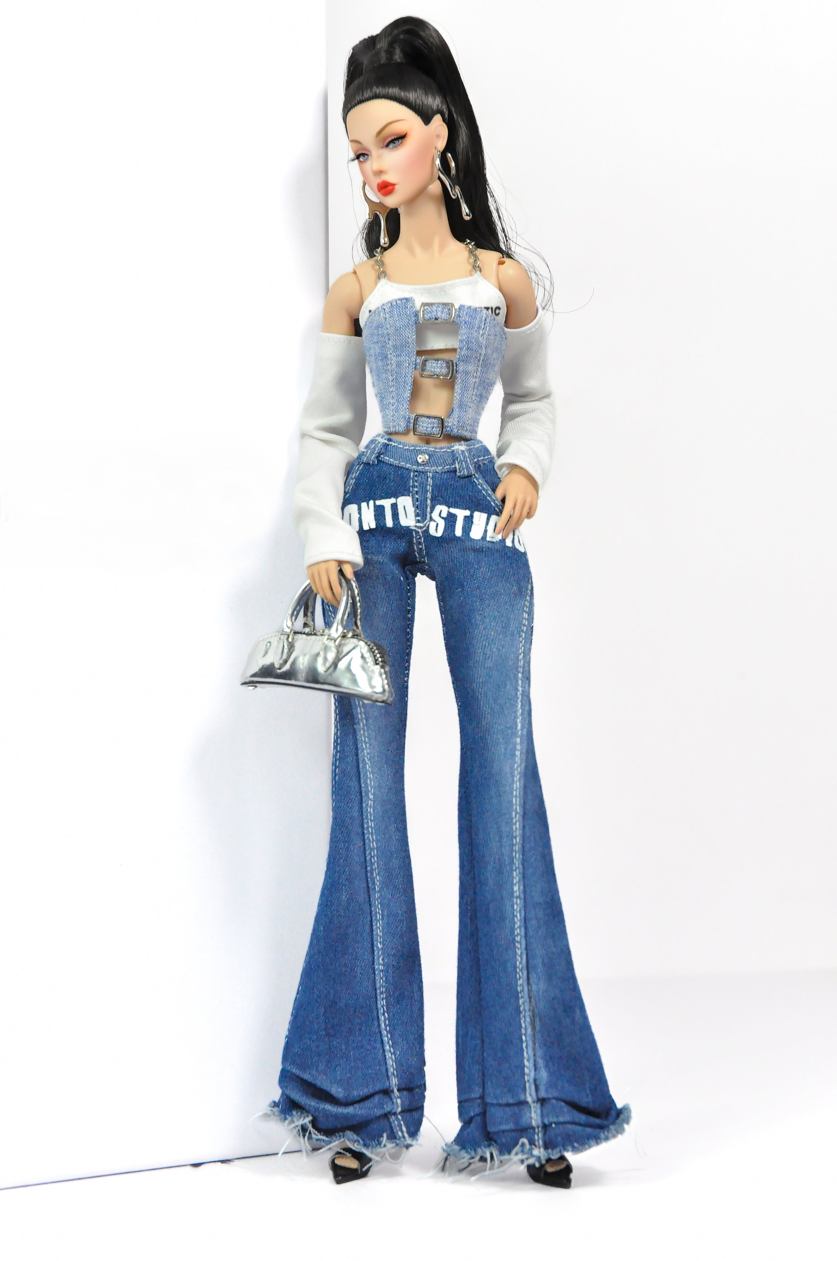 DEMIM DIVA | Deposit only - Denim Diva Buckle Crop Top & Flare Jeans Set – Fashion Royalty 6.0 Doll Clothes | Plastiktiara