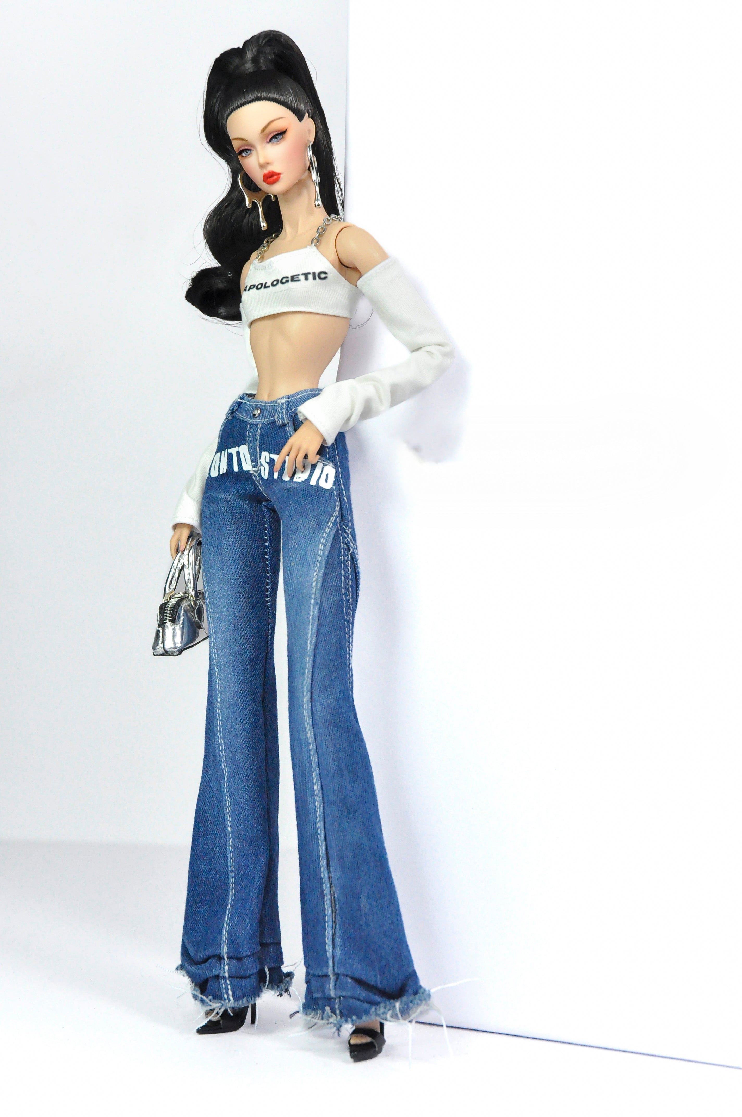 DEMIM DIVA | Deposit only - Denim Diva Buckle Crop Top & Flare Jeans Set – Fashion Royalty 6.0 Doll Clothes | Plastiktiara