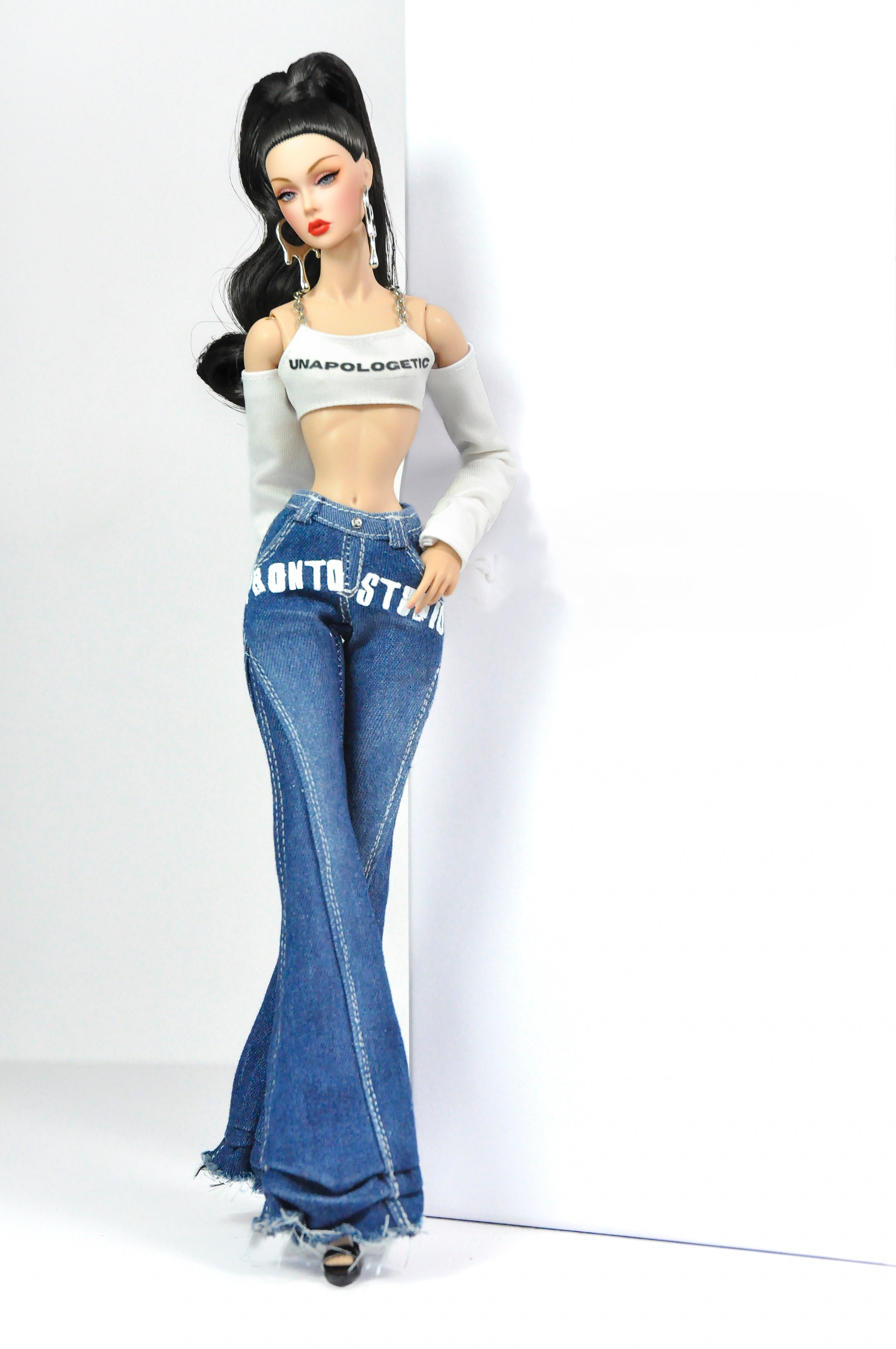 DEMIM DIVA | Deposit only - Denim Diva Buckle Crop Top & Flare Jeans Set – Fashion Royalty 6.0 Doll Clothes | Plastiktiara