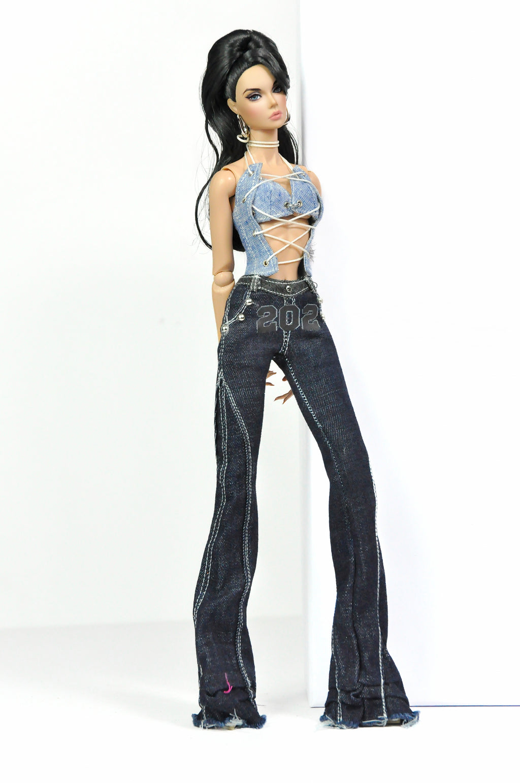 DENIM DIVA | Deposit only - Midnight Lace-Up Denim Top & Black Flare Pants Set – Fashion Royalty 6.0 Doll Clothes | Plastiktiara