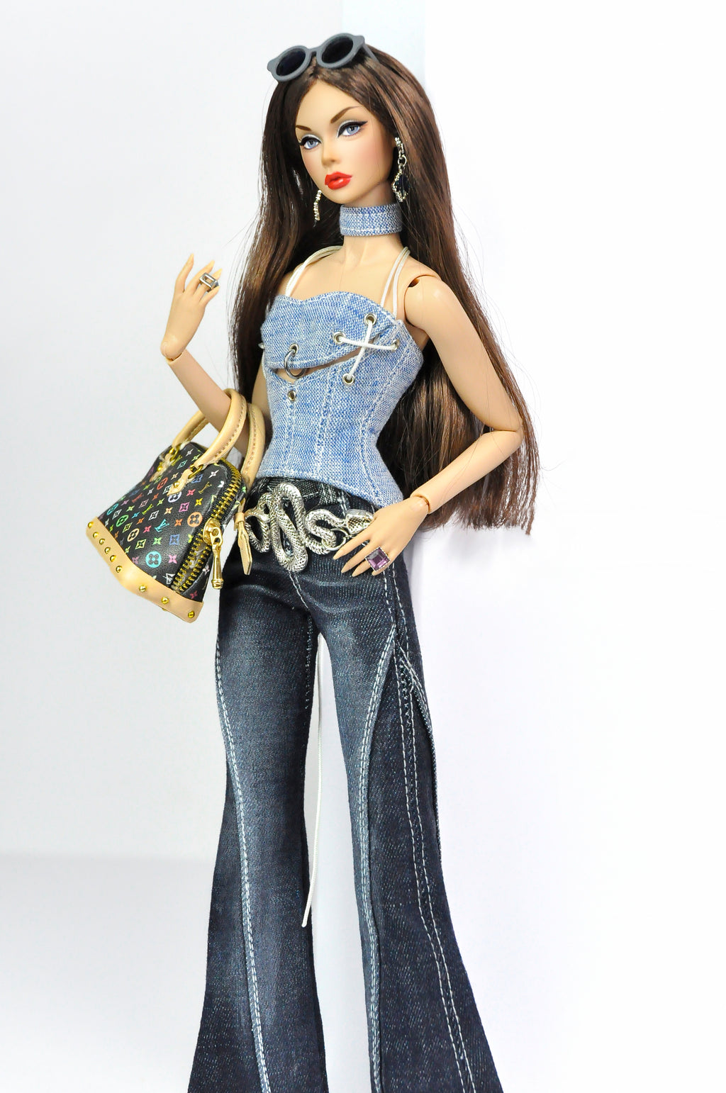 DENIM DIVA | Silver Chain Denim Top & Dark Flare Jeans Set – Fashion Royalty 6.0 Doll Clothes | Plastiktiara