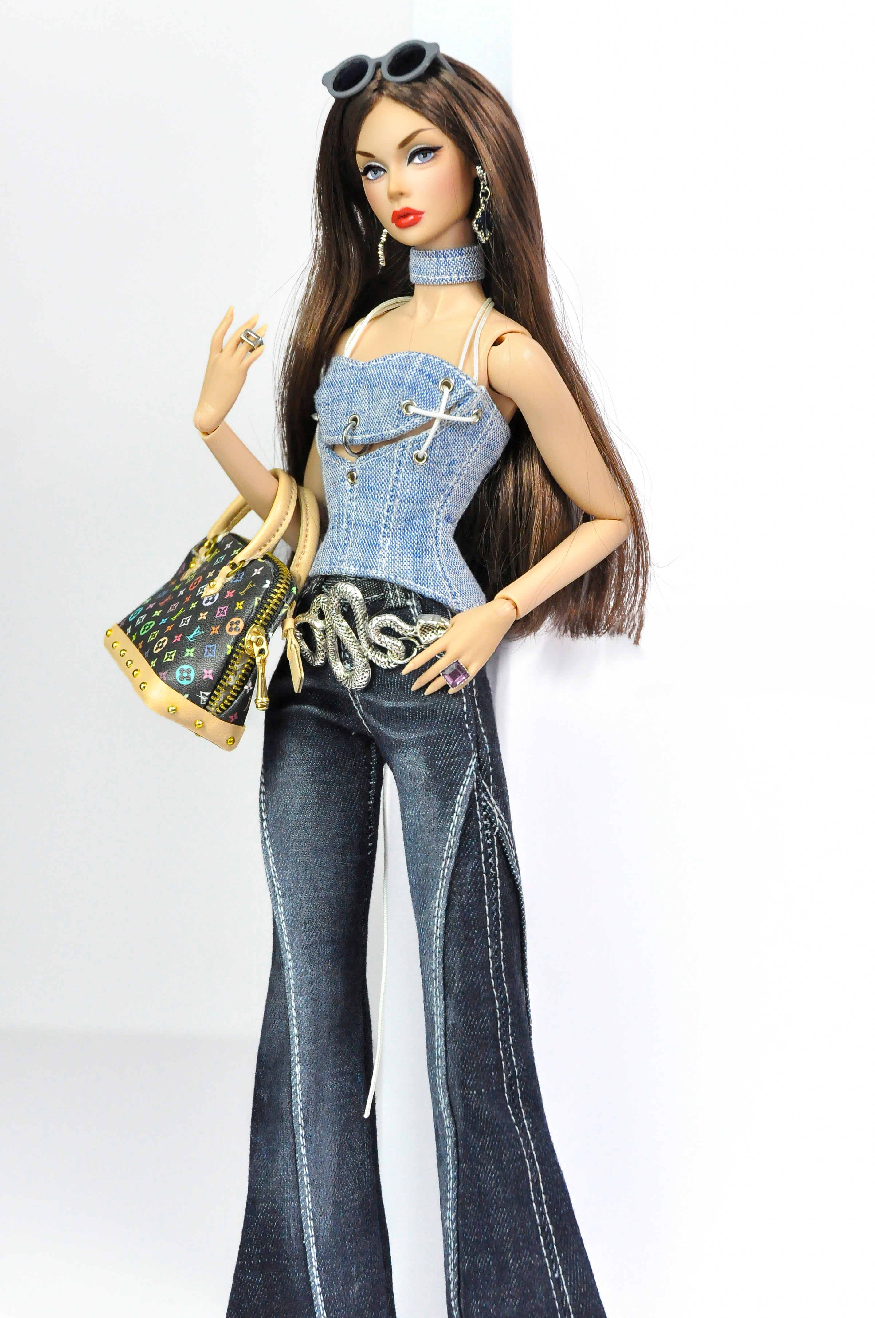 DENIM DIVA | Silver Chain Denim Top & Dark Flare Jeans Set – Fashion Royalty 6.0 Doll Clothes | Plastiktiara