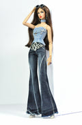 DENIM DIVA | Silver Chain Denim Top & Dark Flare Jeans Set – Fashion Royalty 6.0 Doll Clothes | Plastiktiara