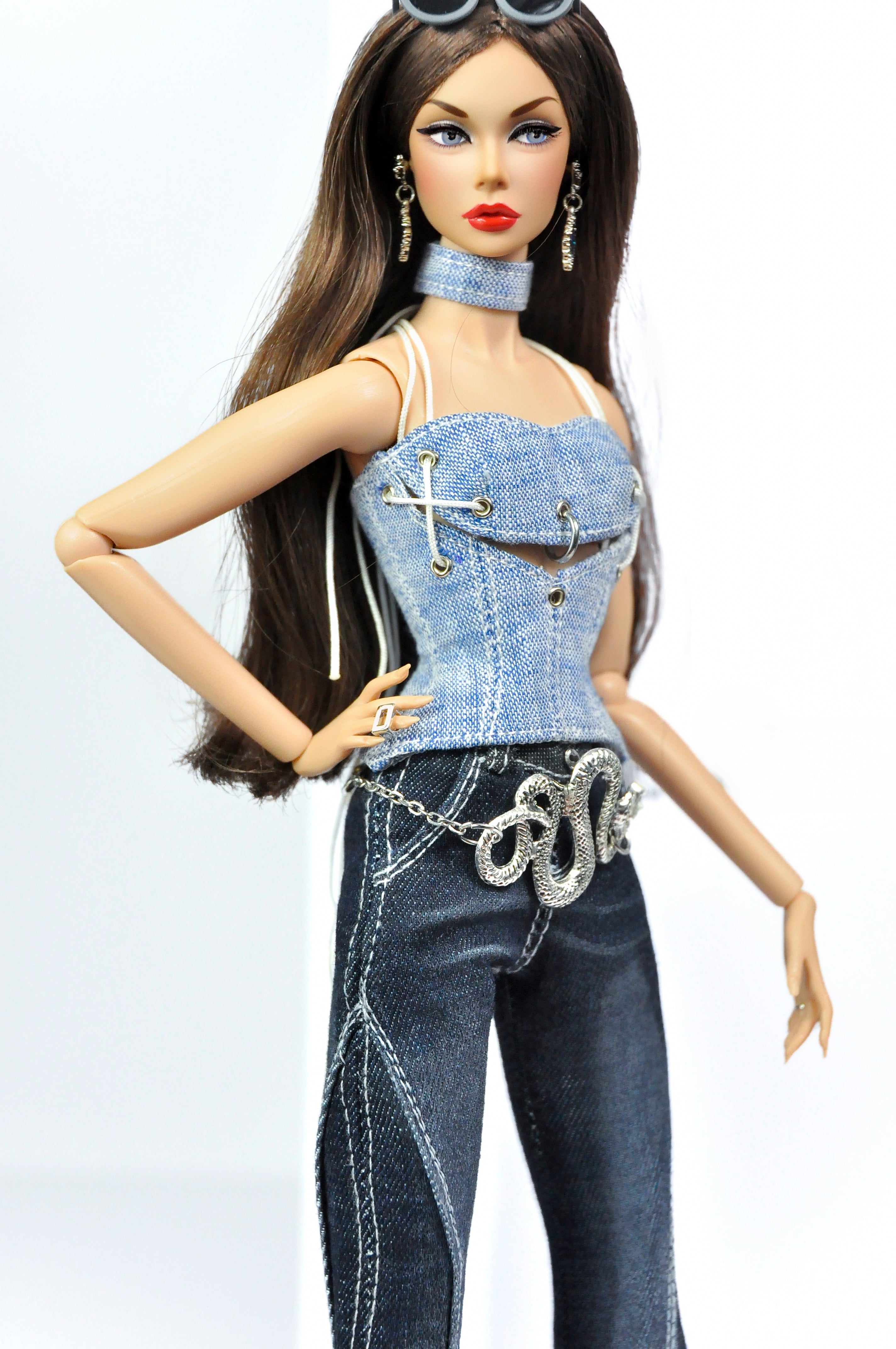 DENIM DIVA | Silver Chain Denim Top & Dark Flare Jeans Set – Fashion Royalty 6.0 Doll Clothes | Plastiktiara