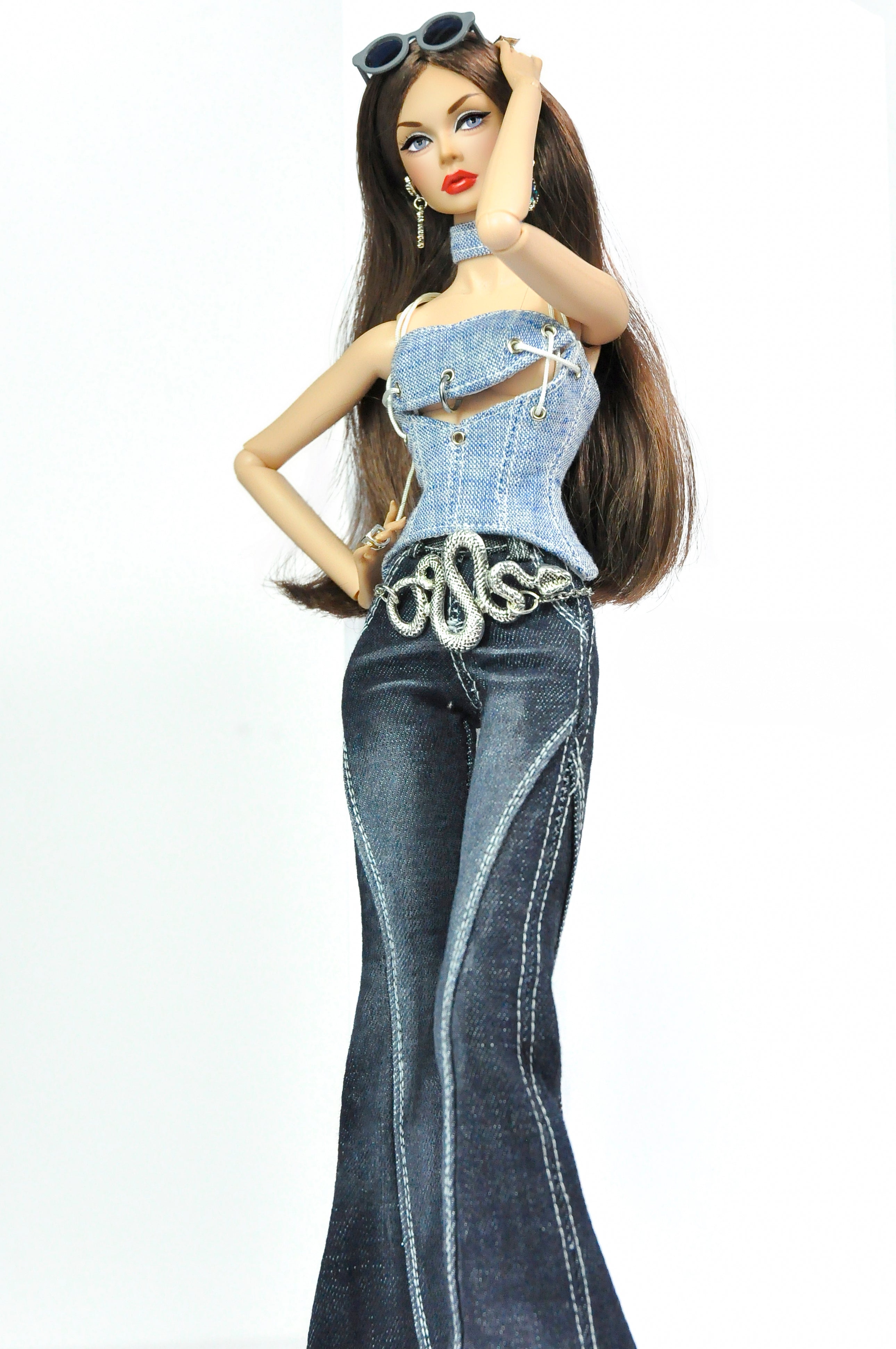 DENIM DIVA | Silver Chain Denim Top & Dark Flare Jeans Set – Fashion Royalty 6.0 Doll Clothes | Plastiktiara