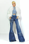 DENIM DIVA | Denim Crop Top, Flare Jeans & White Faux Fur Coat Set – Fashion Royalty 6.0 Doll Clothes | Plastiktiara