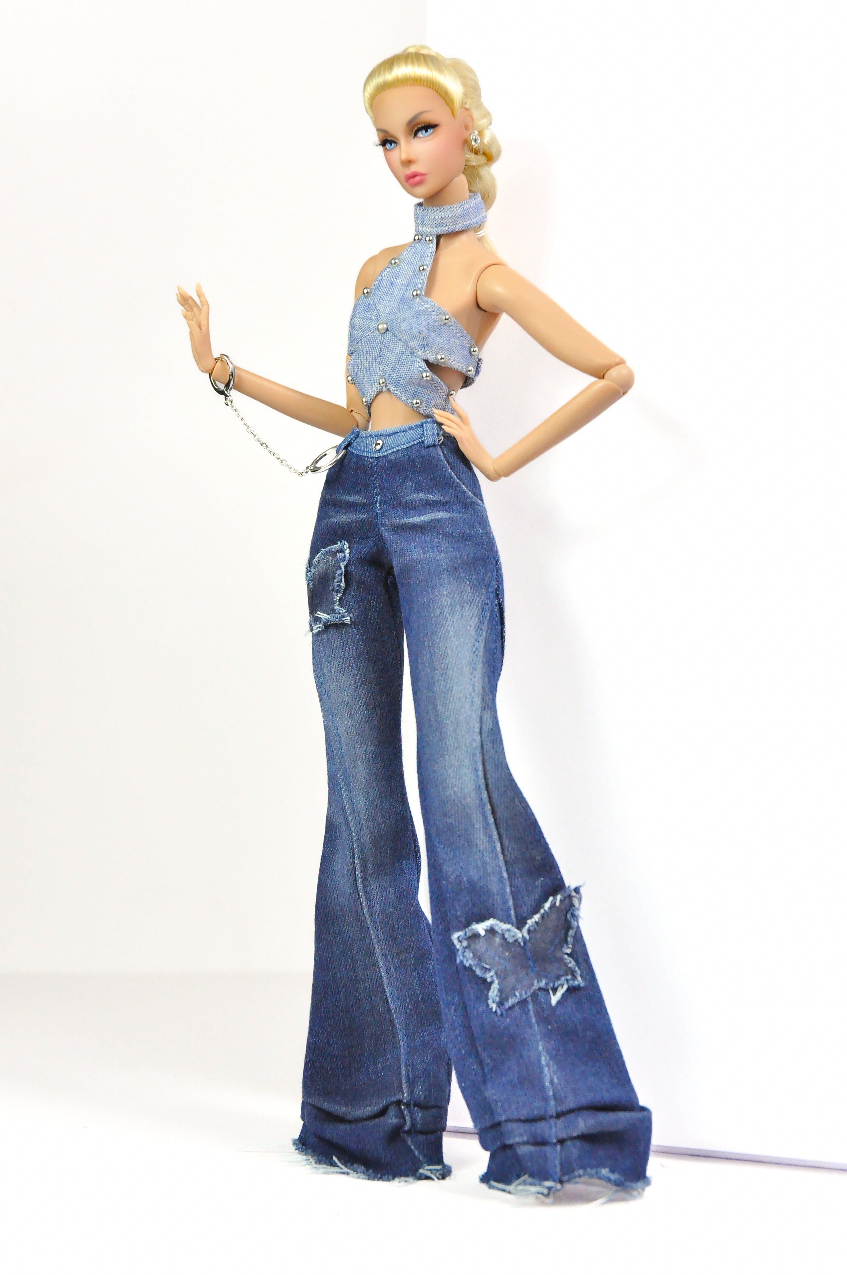 DENIM DIVA |Silver Jeans Chain Charm with Handcuff Rings – Fashion Royalty 6.0 Doll Accessory | 1/6 Scale Doll Charm | Plastiktiara