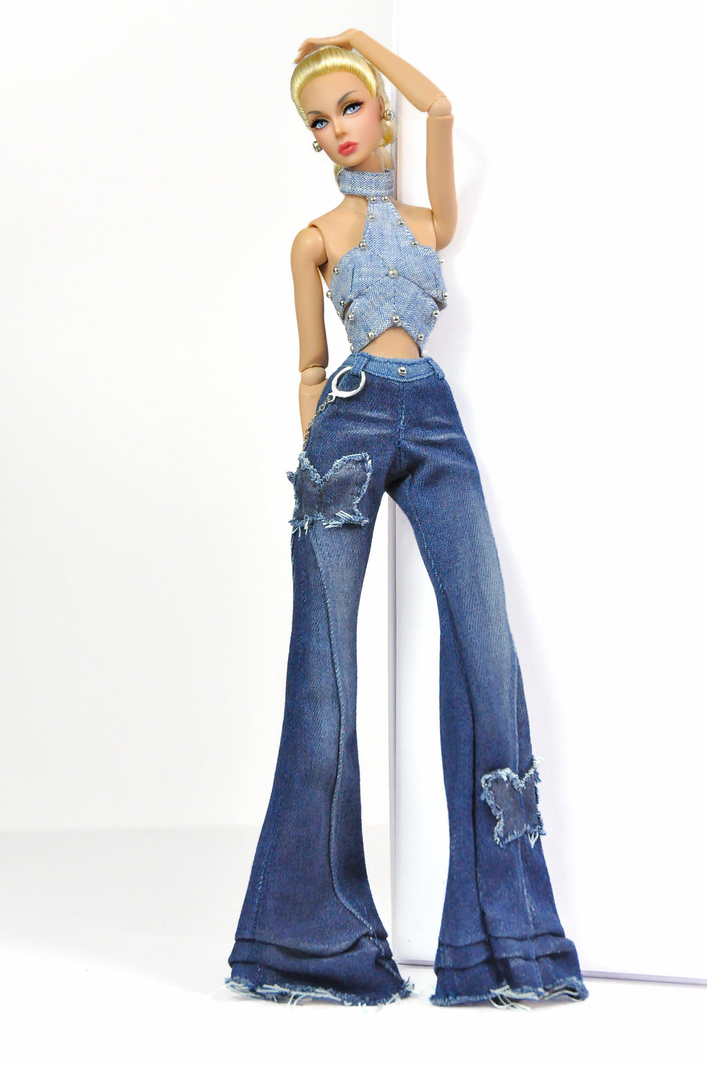 DENIM DIVA | Denim Crop Top, Flare Jeans & White Faux Fur Coat Set – Fashion Royalty 6.0 Doll Clothes | Plastiktiara
