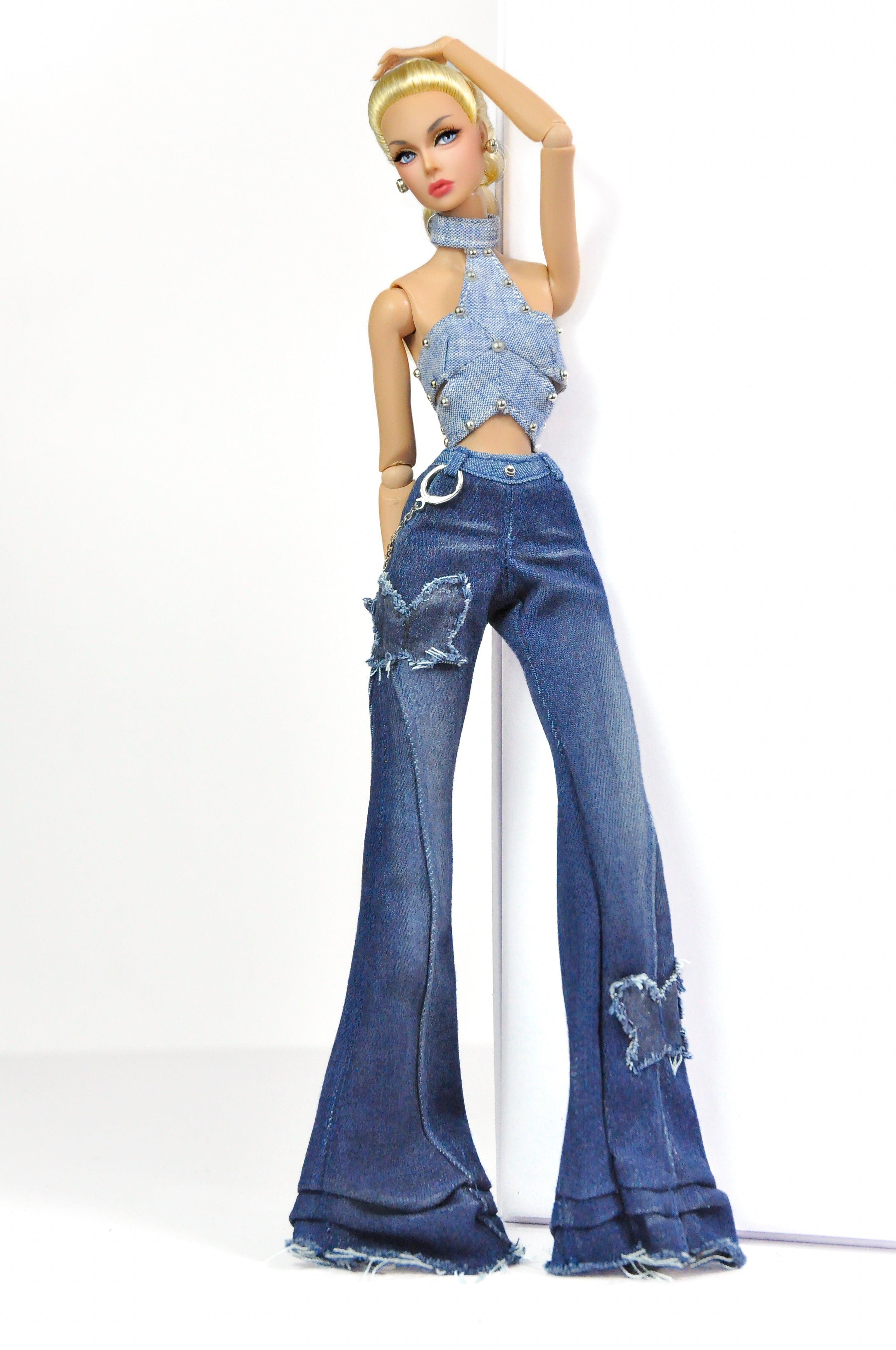 DENIM DIVA | Denim Crop Top, Flare Jeans & White Faux Fur Coat Set – Fashion Royalty 6.0 Doll Clothes | Plastiktiara