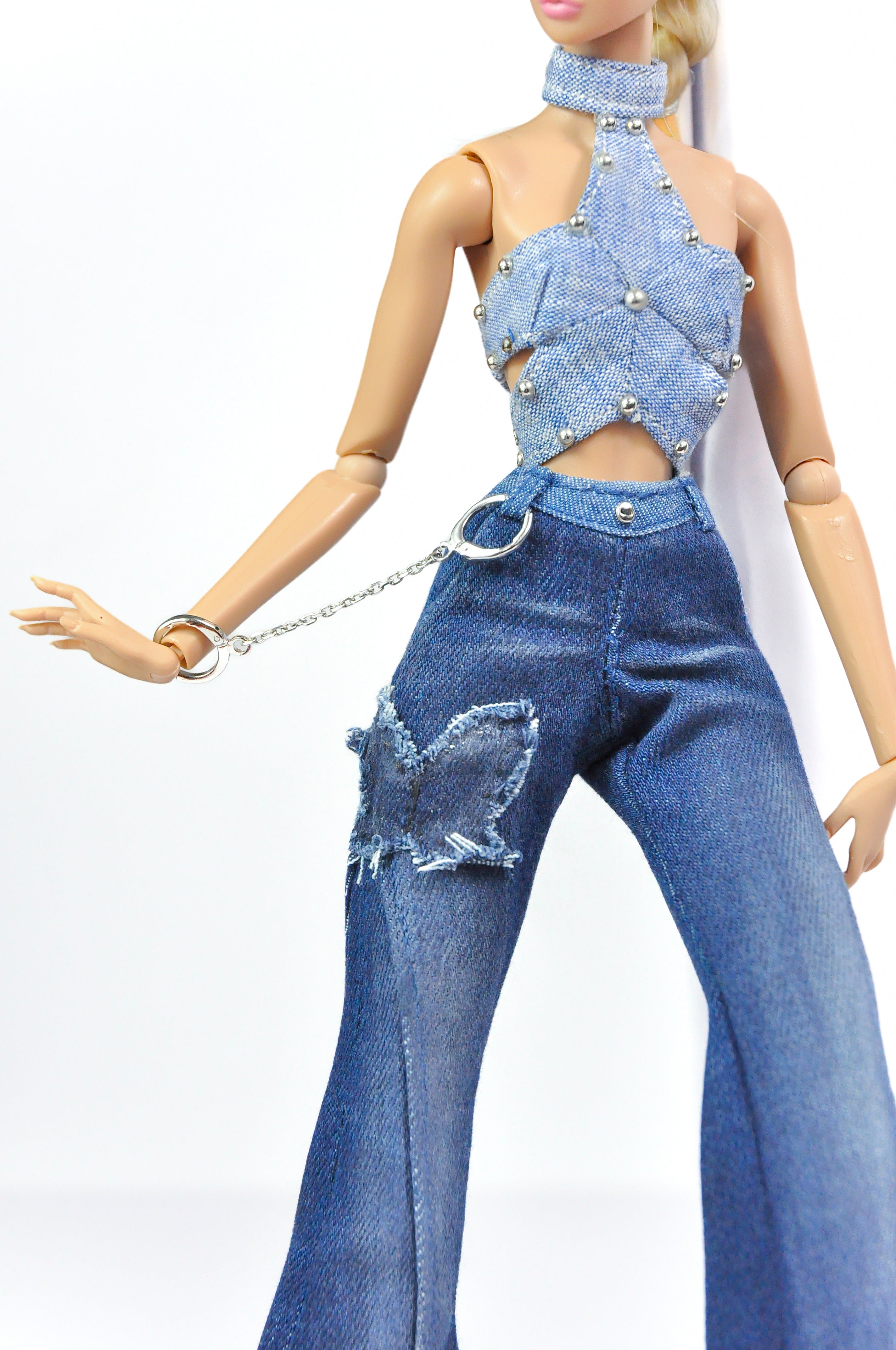 DENIM DIVA | Denim Crop Top, Flare Jeans & White Faux Fur Coat Set – Fashion Royalty 6.0 Doll Clothes | Plastiktiara