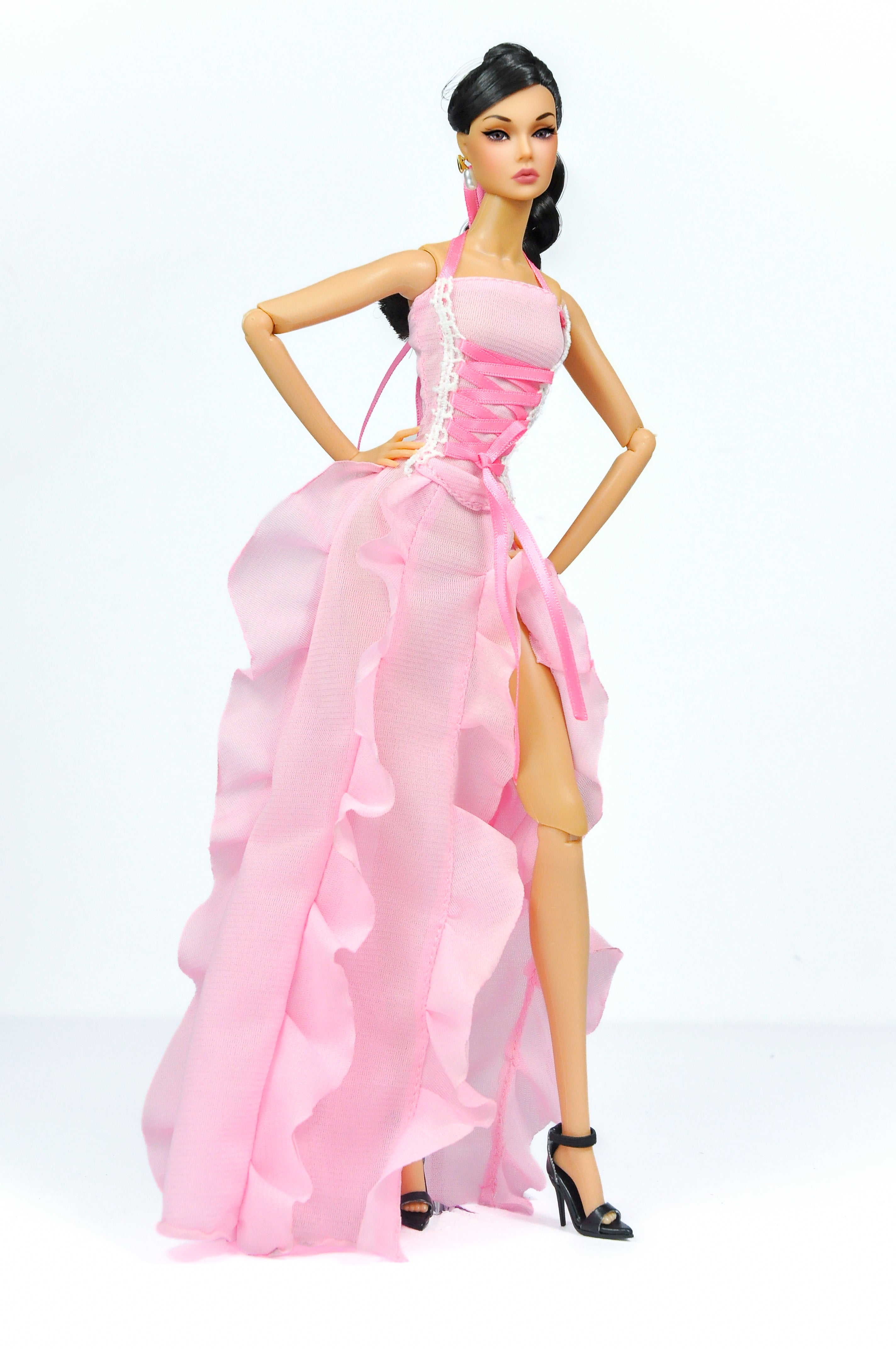 ORDINARY GIRLS | Pink Ruffled Corset Gown – Fashion Royalty 6.0 Scale Doll Clothes – Zipper Back Evening Dress by Plastiktiara