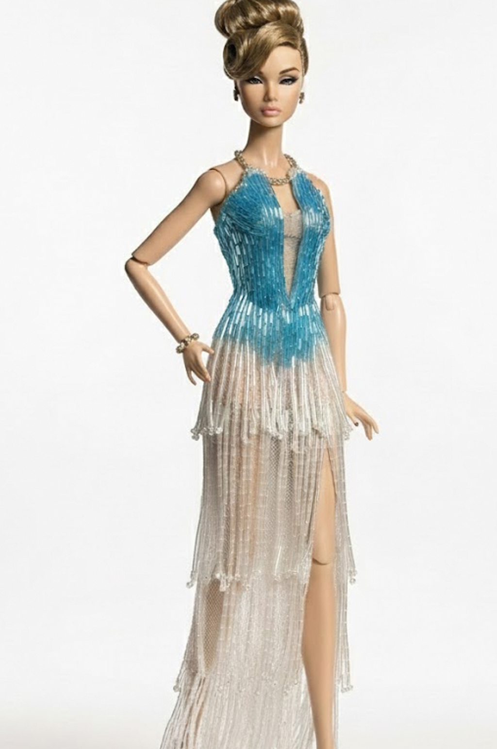 BASIC | Icefall Fringe Crystal Gown with Fur Stole for 12” Fashion Dolls for Fashion Royalty doll clothes