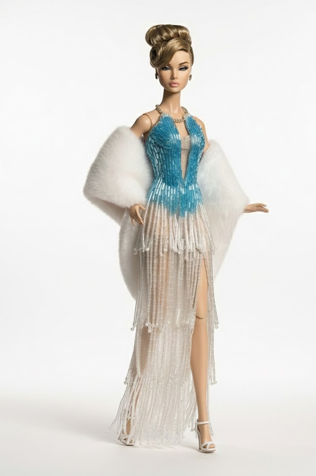 BASIC | Icefall Fringe Crystal Gown with Fur Stole for 12” Fashion Dolls for Fashion Royalty doll clothes