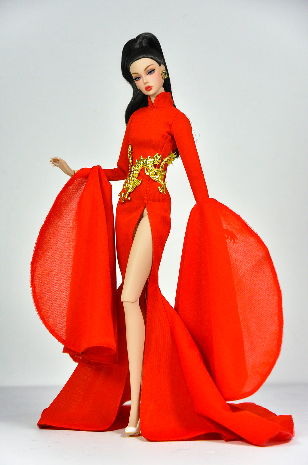 ORDINARY GIRL | Imperial Red Dragon Cape Gown  Fashion Royalty 6.0 Doll Clothes – High Slit Cheongsam Evening Dress with Golden Dragon Armor Detail