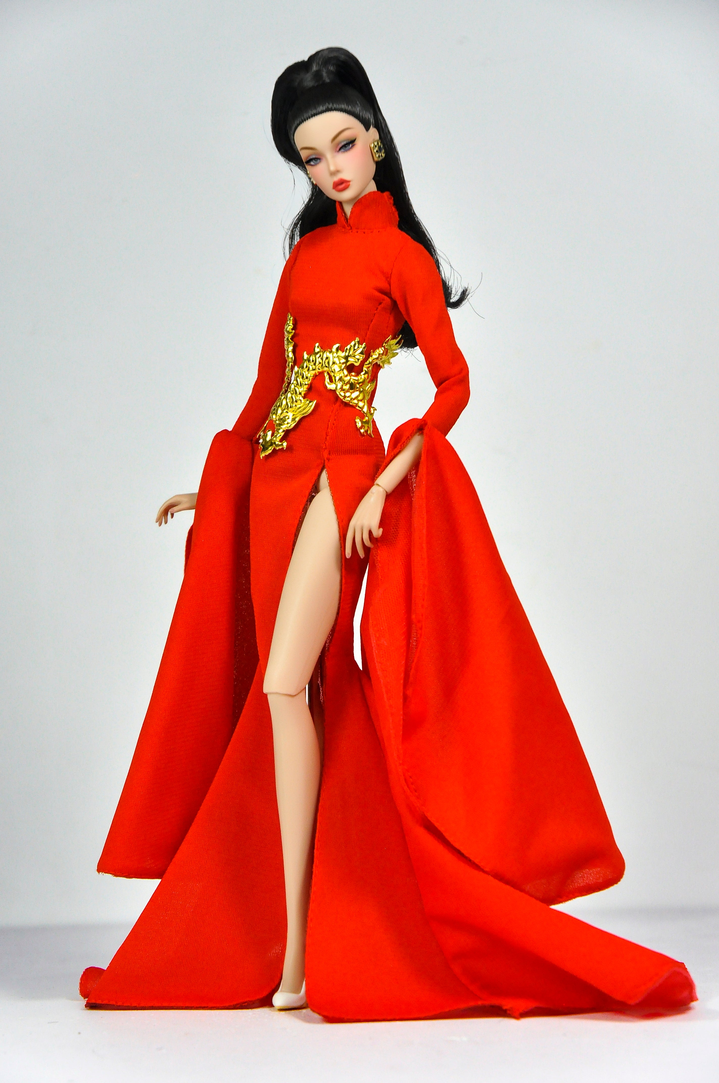 ORDINARY GIRL | Imperial Red Dragon Cape Gown  Fashion Royalty 6.0 Doll Clothes – High Slit Cheongsam Evening Dress with Golden Dragon Armor Detail