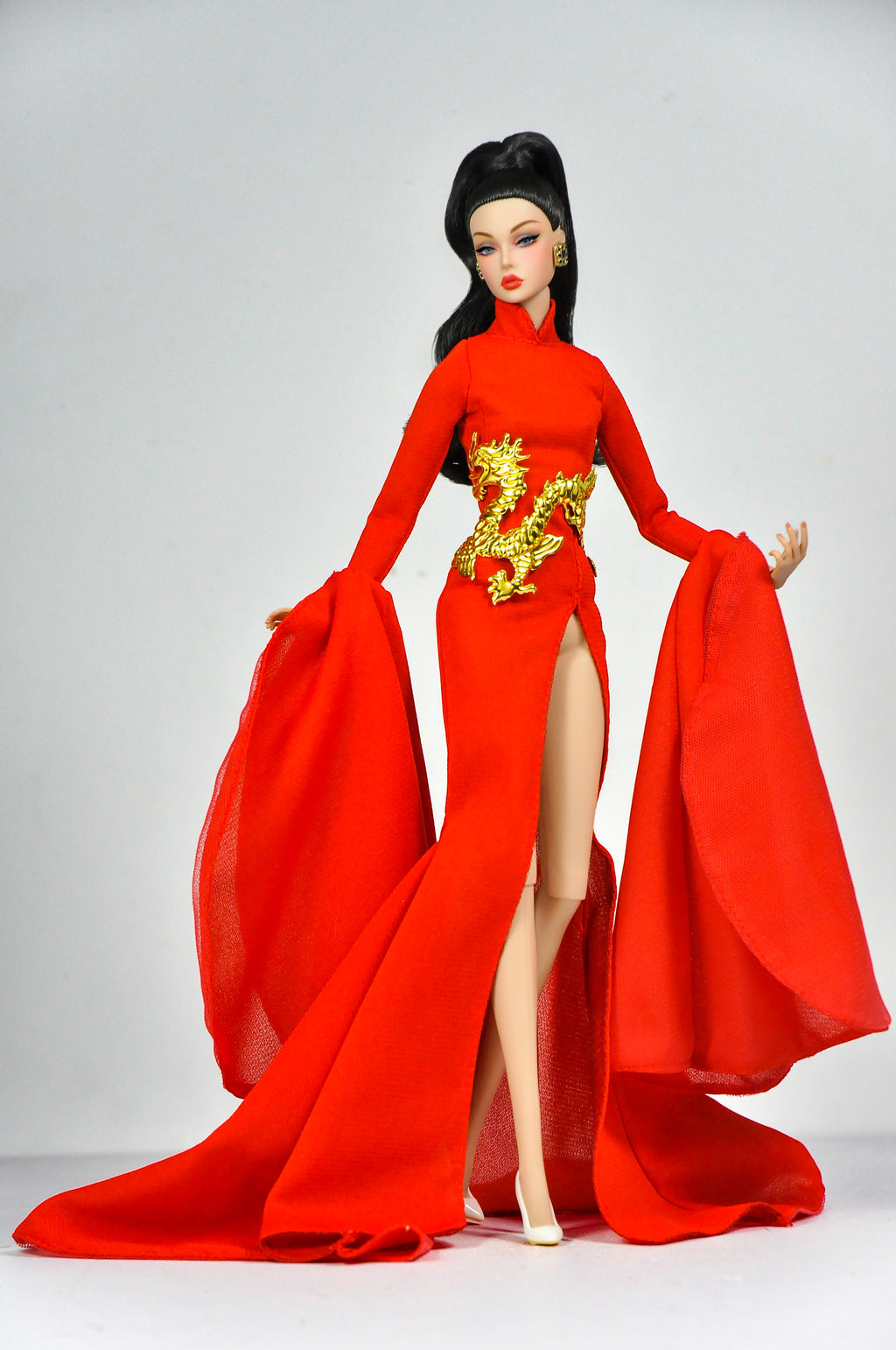 ORDINARY GIRL | Imperial Red Dragon Cape Gown  Fashion Royalty 6.0 Doll Clothes – High Slit Cheongsam Evening Dress with Golden Dragon Armor Detail