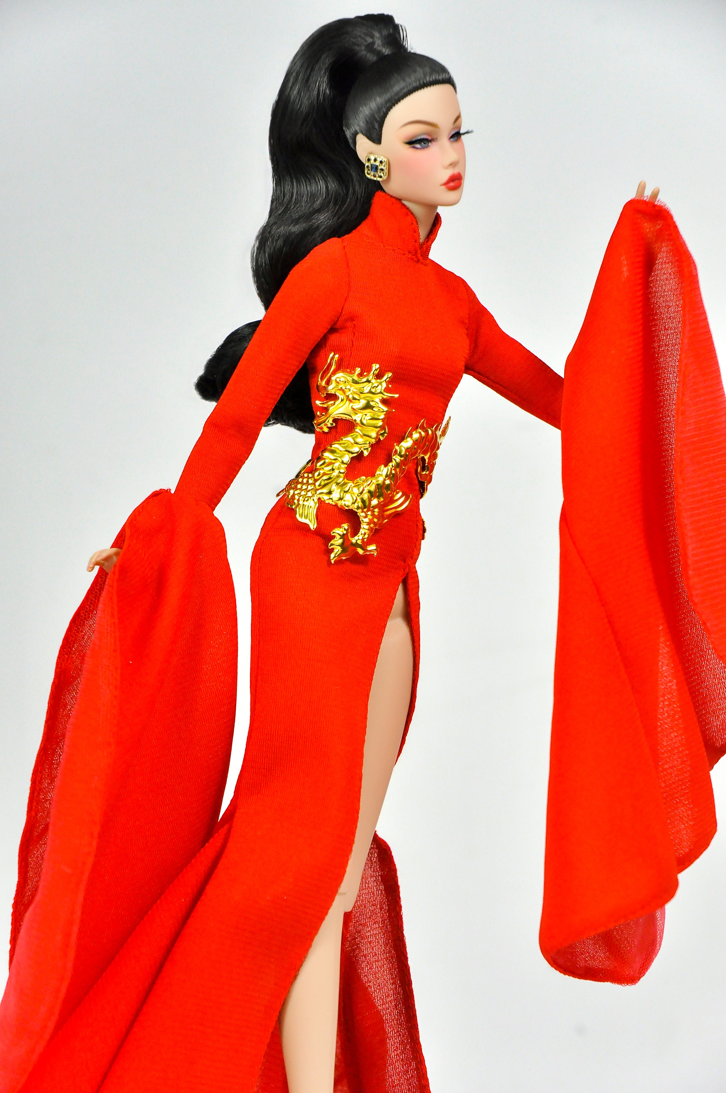 ORDINARY GIRL | Imperial Red Dragon Cape Gown  Fashion Royalty 6.0 Doll Clothes – High Slit Cheongsam Evening Dress with Golden Dragon Armor Detail