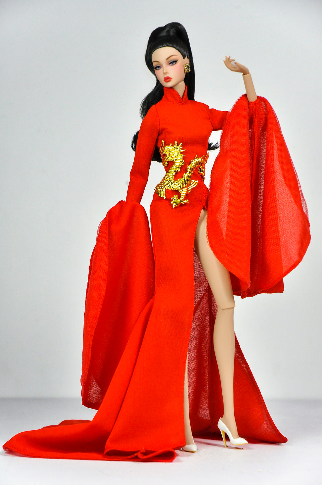 ORDINARY GIRL | Imperial Red Dragon Cape Gown  Fashion Royalty 6.0 Doll Clothes – High Slit Cheongsam Evening Dress with Golden Dragon Armor Detail