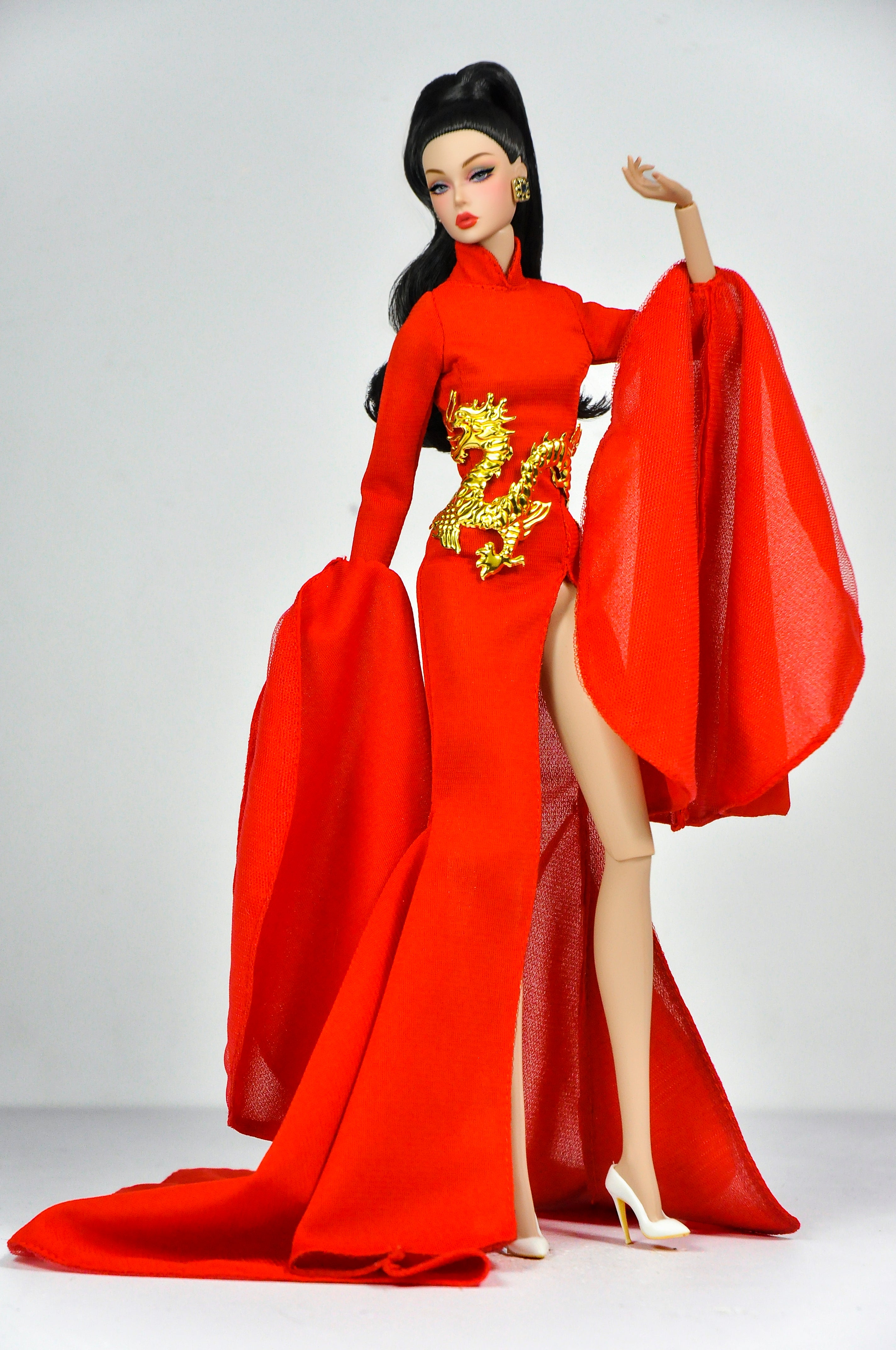 ORDINARY GIRL | Imperial Red Dragon Cape Gown  Fashion Royalty 6.0 Doll Clothes – High Slit Cheongsam Evening Dress with Golden Dragon Armor Detail