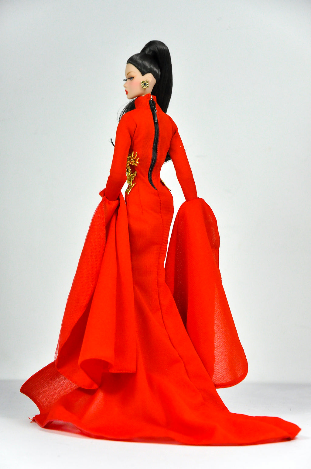 ORDINARY GIRL | Imperial Red Dragon Cape Gown  Fashion Royalty 6.0 Doll Clothes – High Slit Cheongsam Evening Dress with Golden Dragon Armor Detail