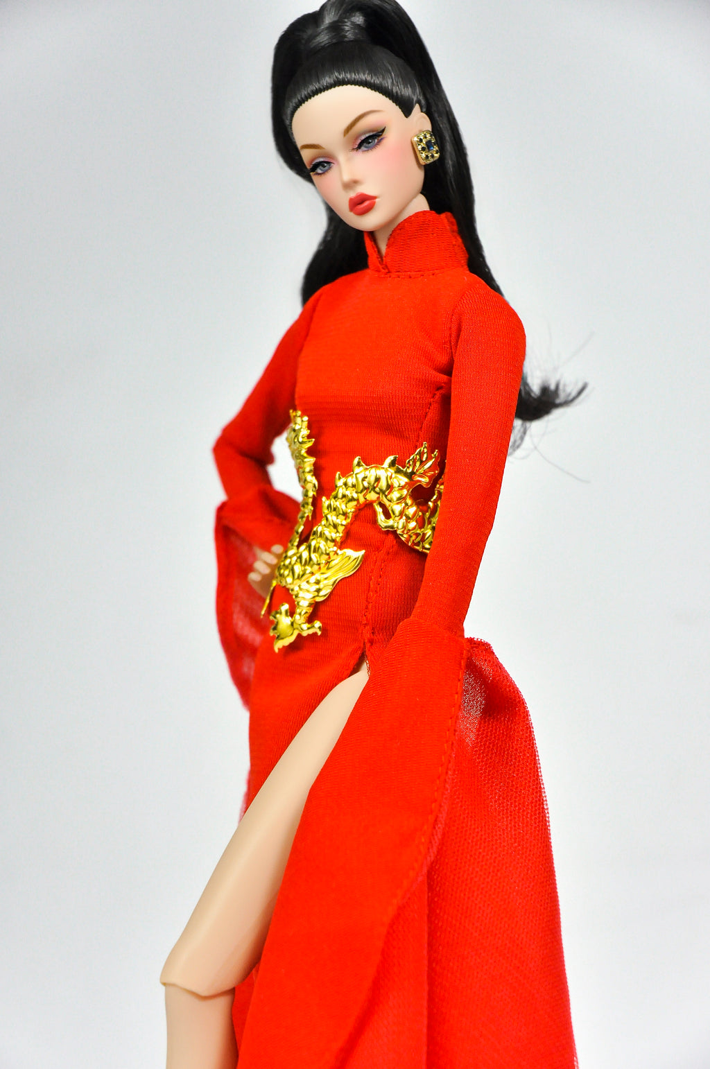 ORDINARY GIRL | Imperial Red Dragon Cape Gown  Fashion Royalty 6.0 Doll Clothes – High Slit Cheongsam Evening Dress with Golden Dragon Armor Detail
