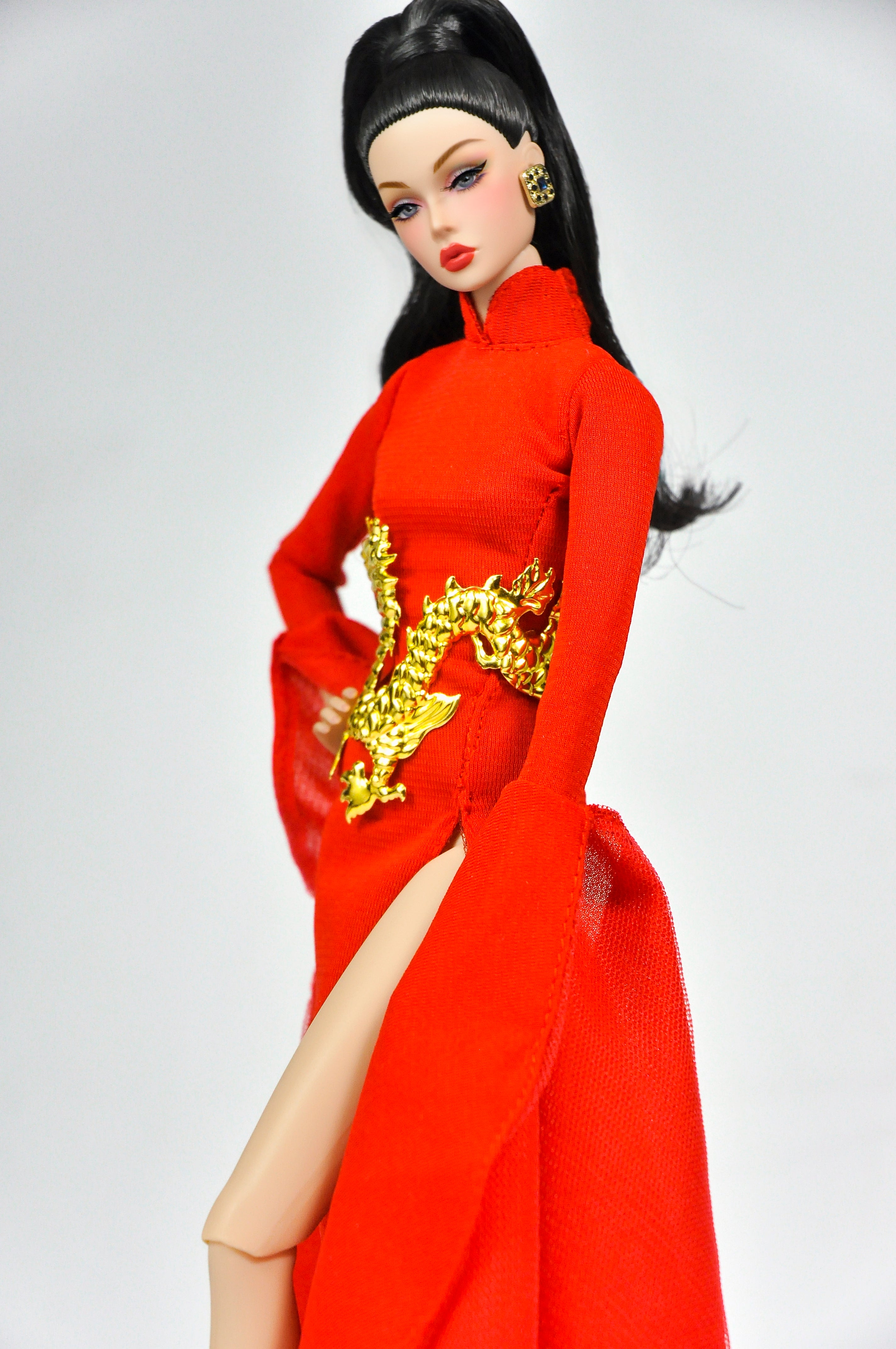 ORDINARY GIRL | Imperial Red Dragon Cape Gown  Fashion Royalty 6.0 Doll Clothes – High Slit Cheongsam Evening Dress with Golden Dragon Armor Detail