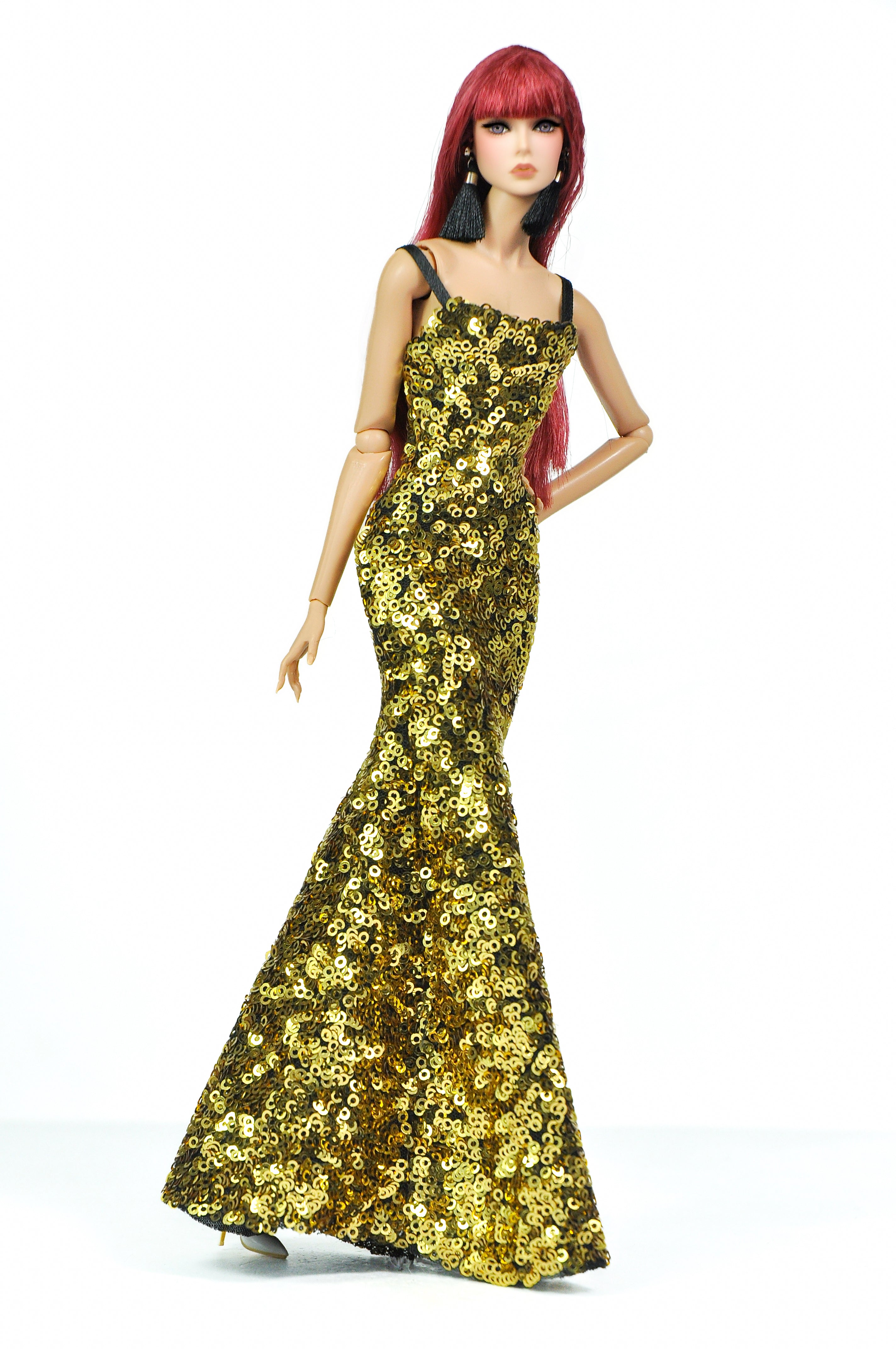 ORDINARY GIRL| Gold Sequin Column Gown with Black Faux-Fur Opera Coat for Fashion Royalty doll clothes