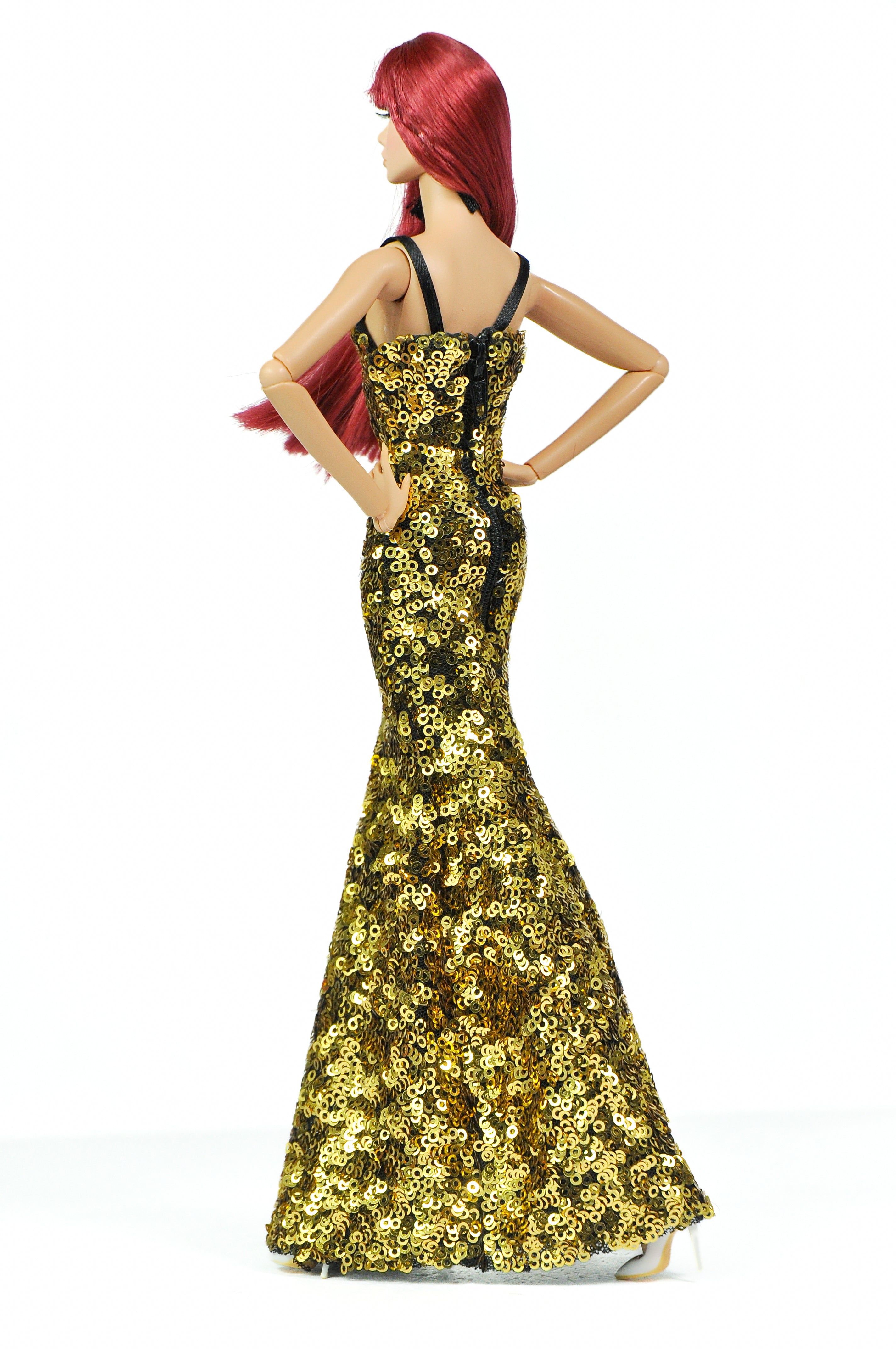 ORDINARY GIRL| Gold Sequin Column Gown with Black Faux-Fur Opera Coat for Fashion Royalty doll clothes