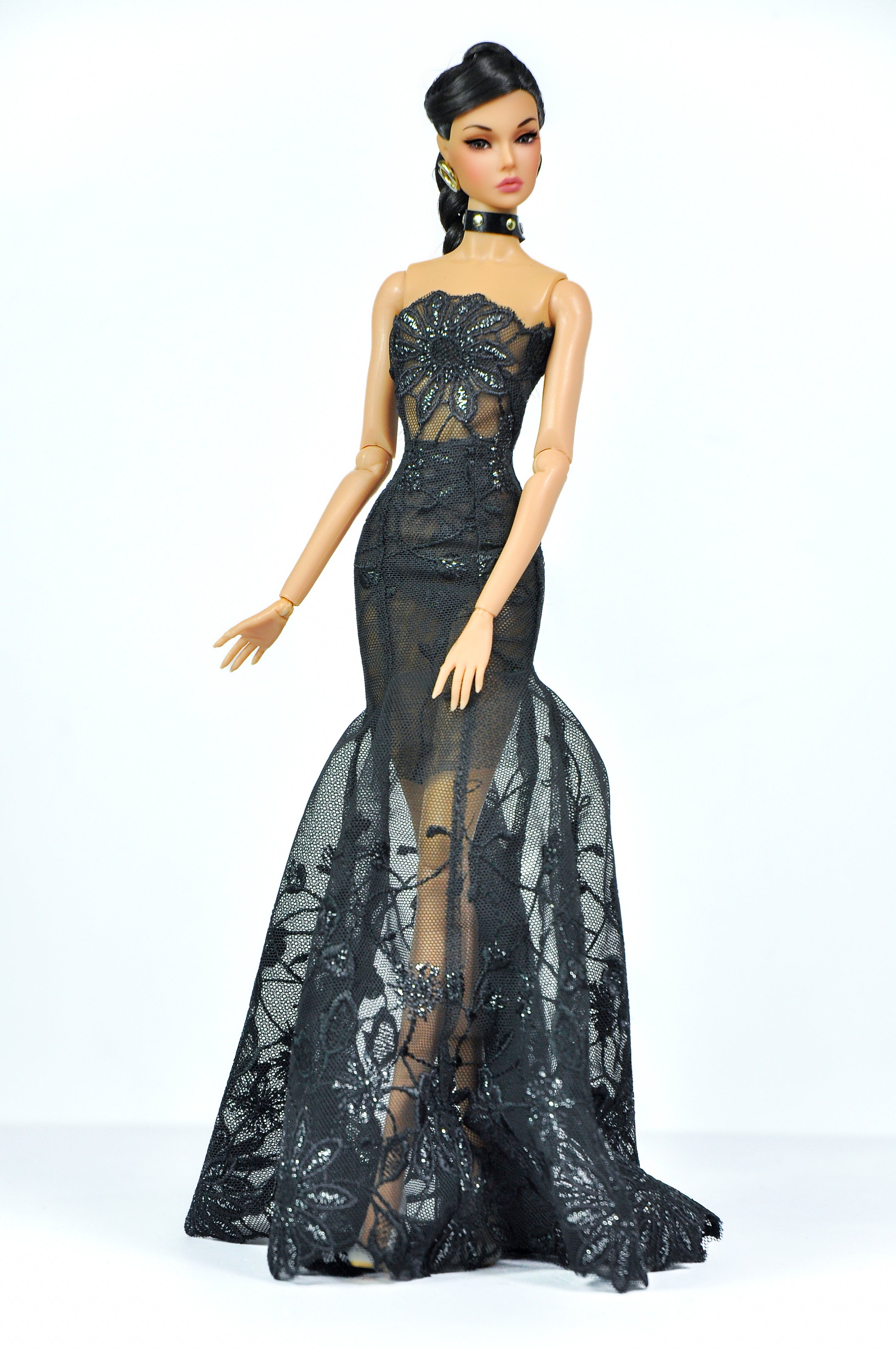 ORDINARY GIRL | Sheer Black Lace Mermaid Gown — Gothic Couture Evening Dress for Fashion Royalty doll clothes