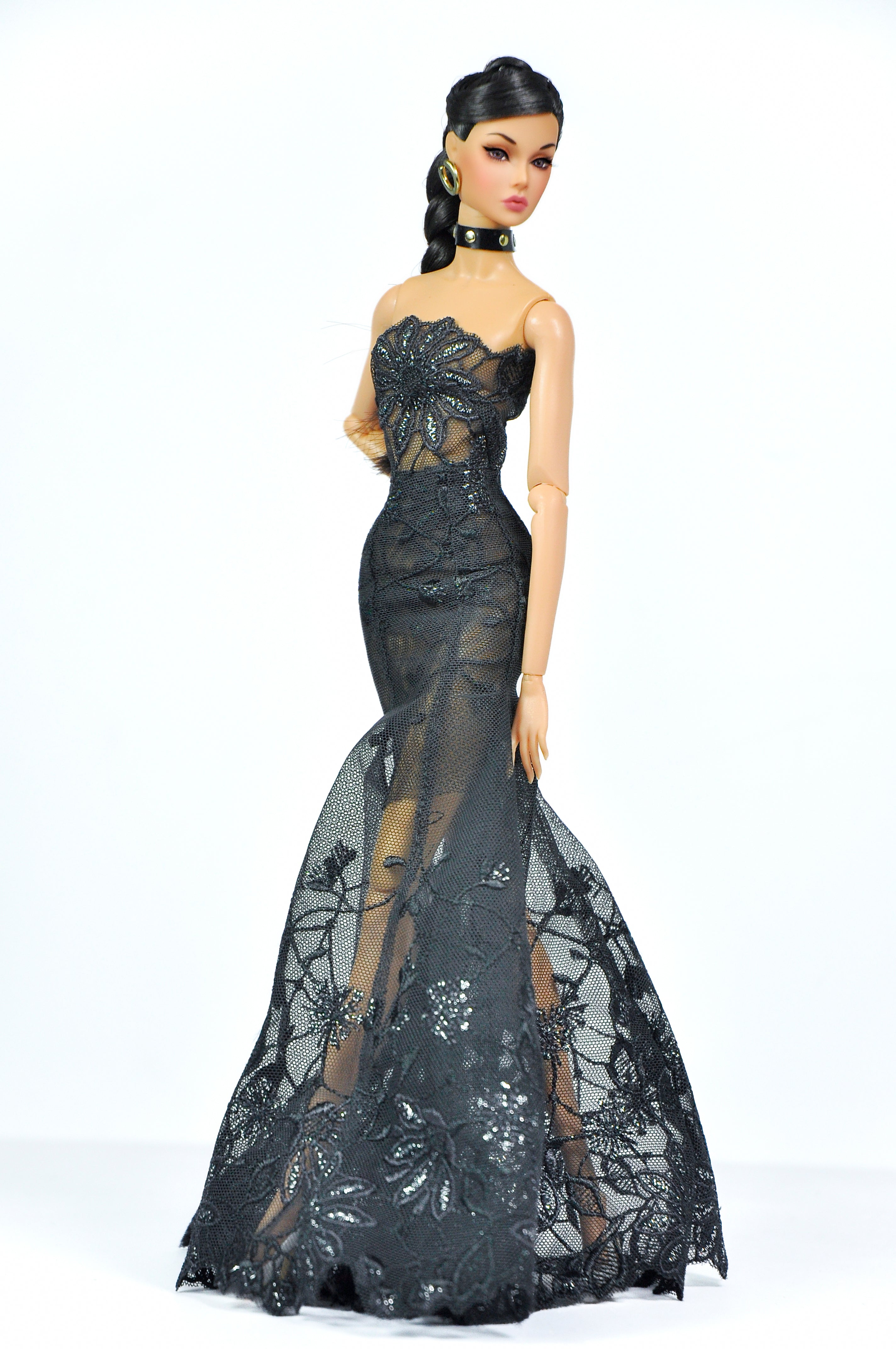ORDINARY GIRL | Sheer Black Lace Mermaid Gown — Gothic Couture Evening Dress for Fashion Royalty doll clothes