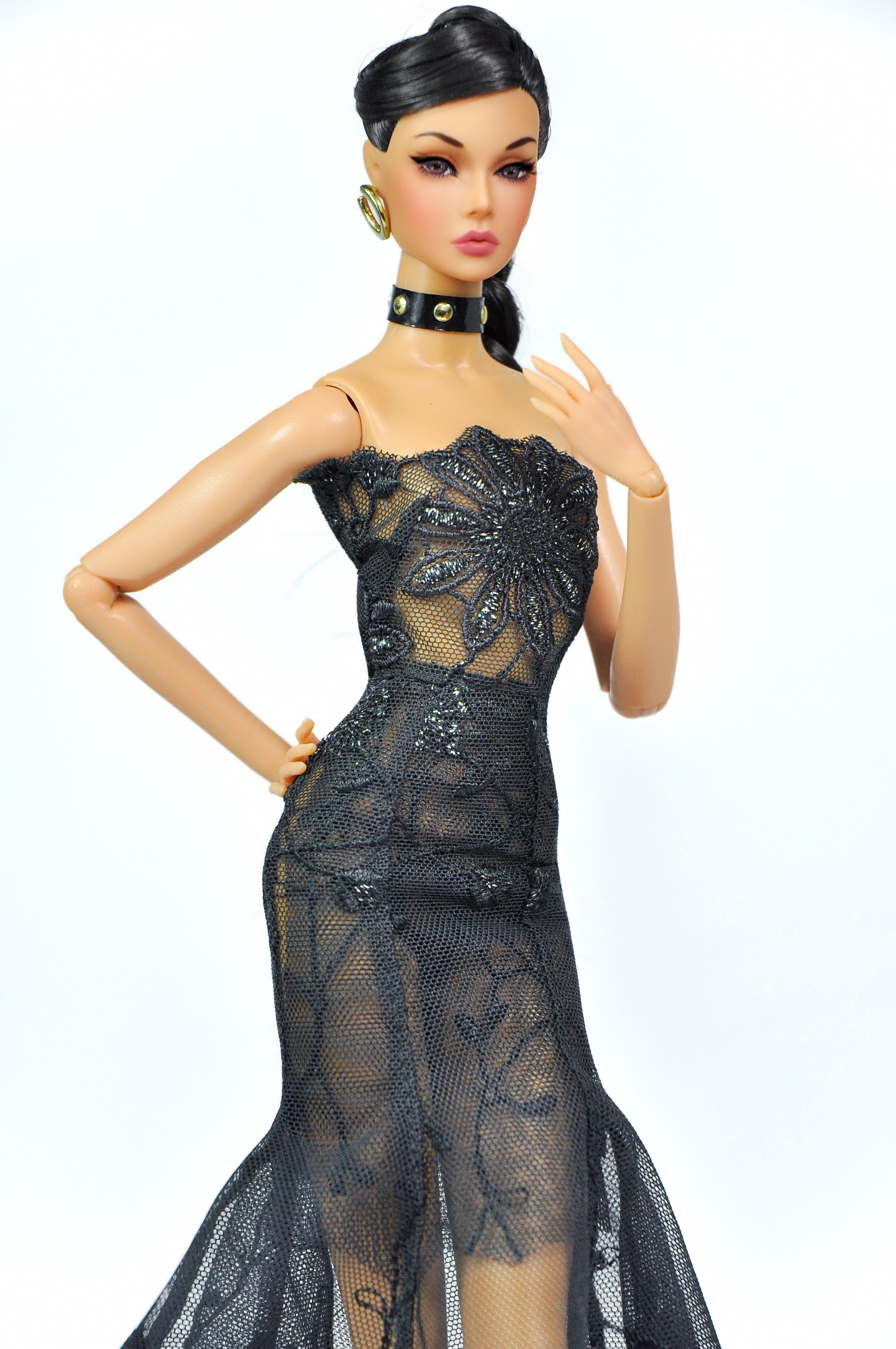 ORDINARY GIRL | Sheer Black Lace Mermaid Gown — Gothic Couture Evening Dress for Fashion Royalty doll clothes