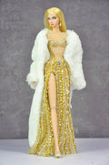 AURA COLLECTION | Golden Radiance High-Slit Gown with Fur Wrap for Fashion Royalty doll clothes