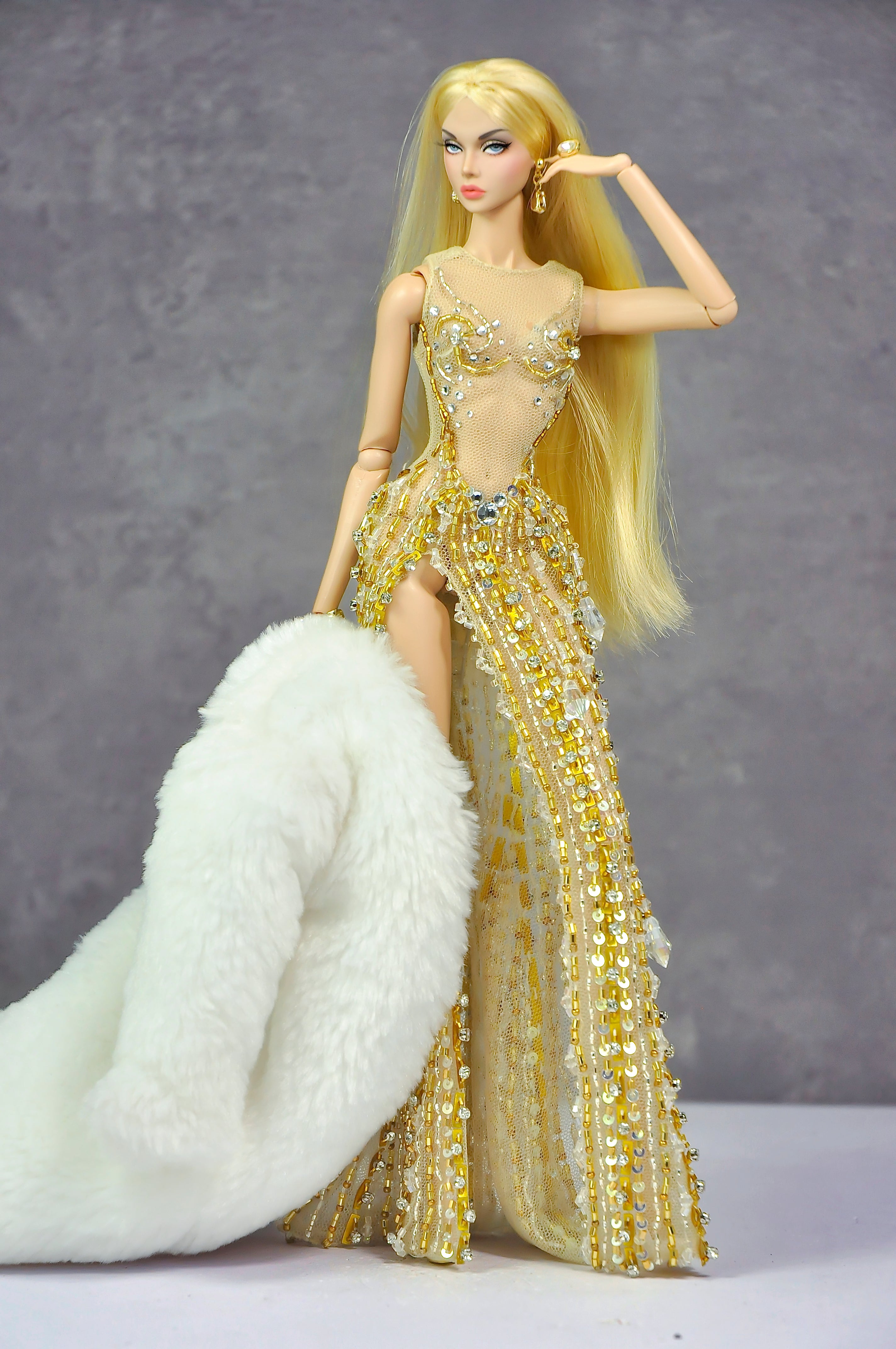 AURA COLLECTION | Golden Radiance High-Slit Gown with Fur Wrap for Fashion Royalty doll clothes