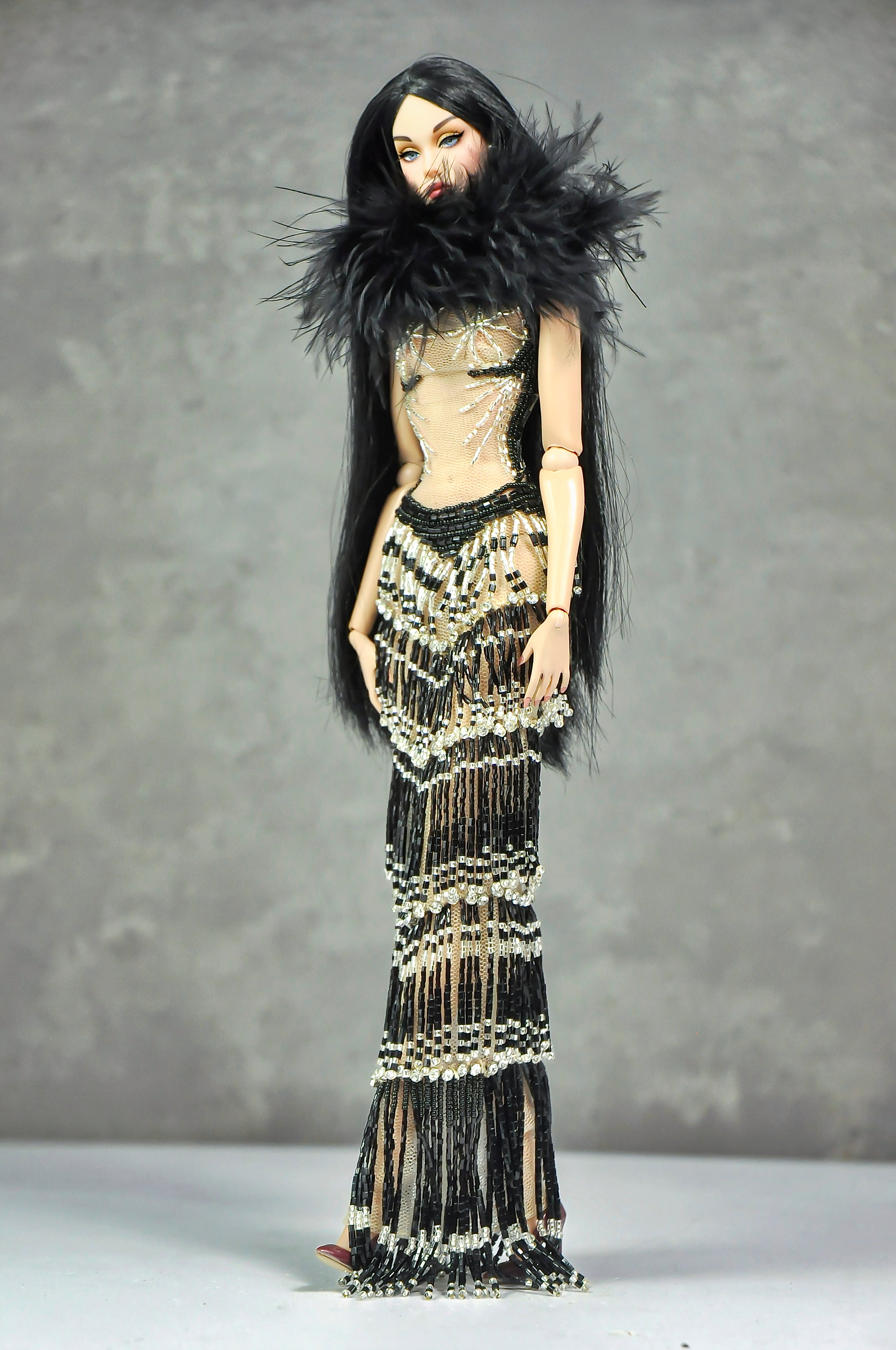 AURA COLLECTION | Noir Eclipse Beaded Gown with Feather Stole for Fashion Royalty doll clothes