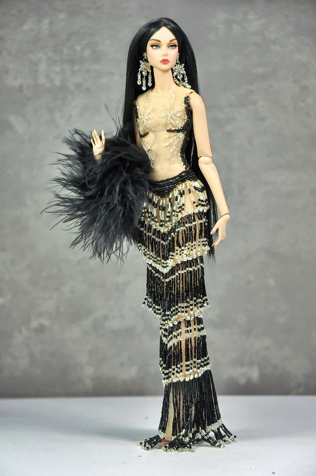AURA COLLECTION | Noir Eclipse Beaded Gown with Feather Stole for Fashion Royalty doll clothes