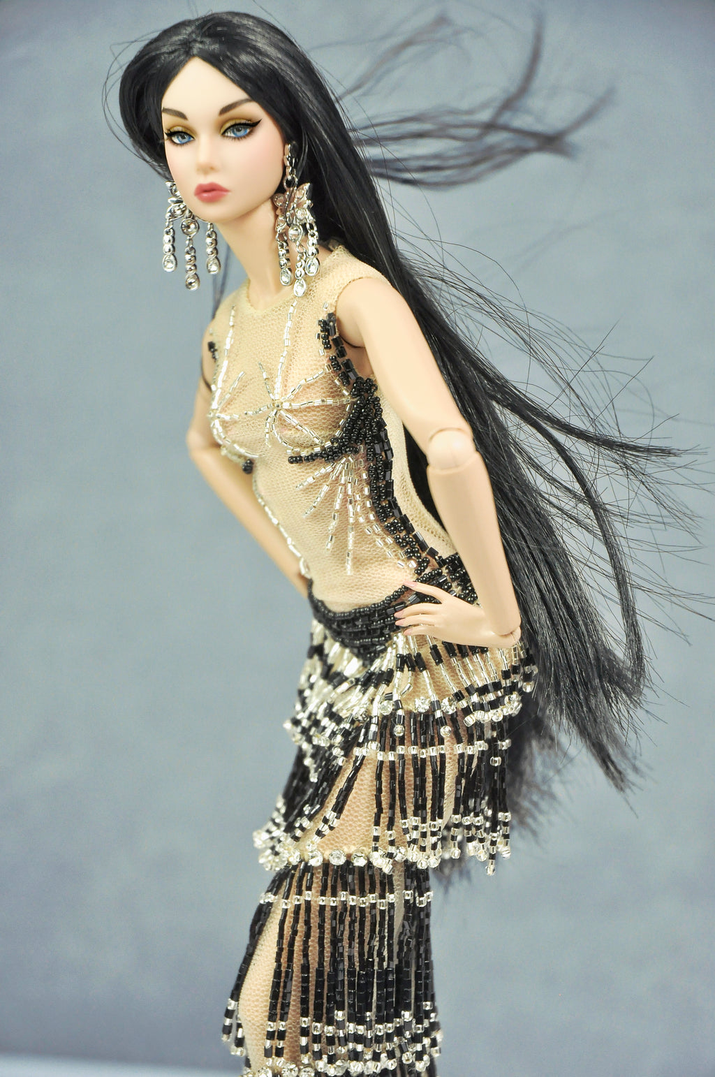 AURA COLLECTION | Noir Eclipse Beaded Gown with Feather Stole for Fashion Royalty doll clothes