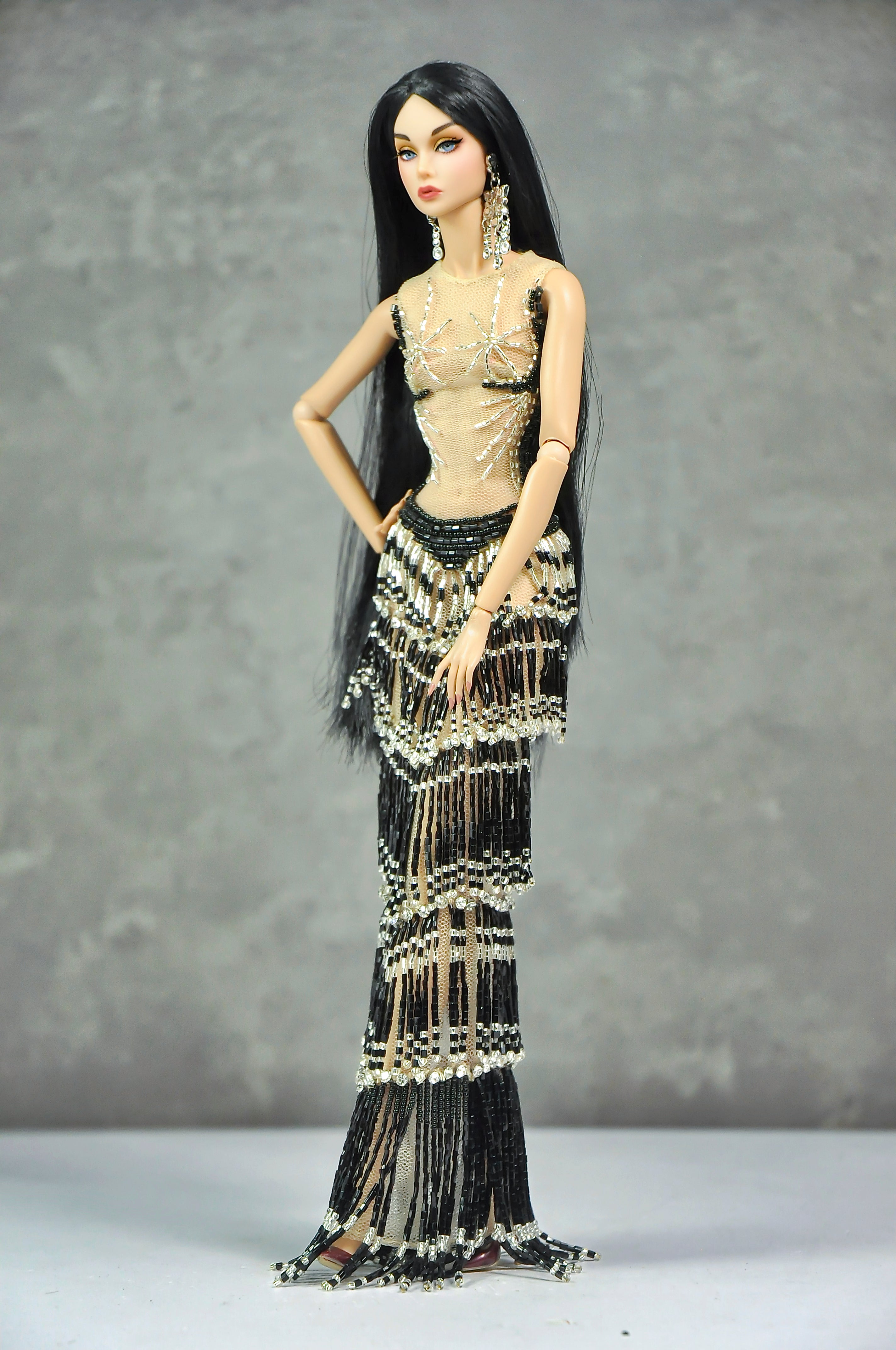AURA COLLECTION | Noir Eclipse Beaded Gown with Feather Stole for Fashion Royalty doll clothes