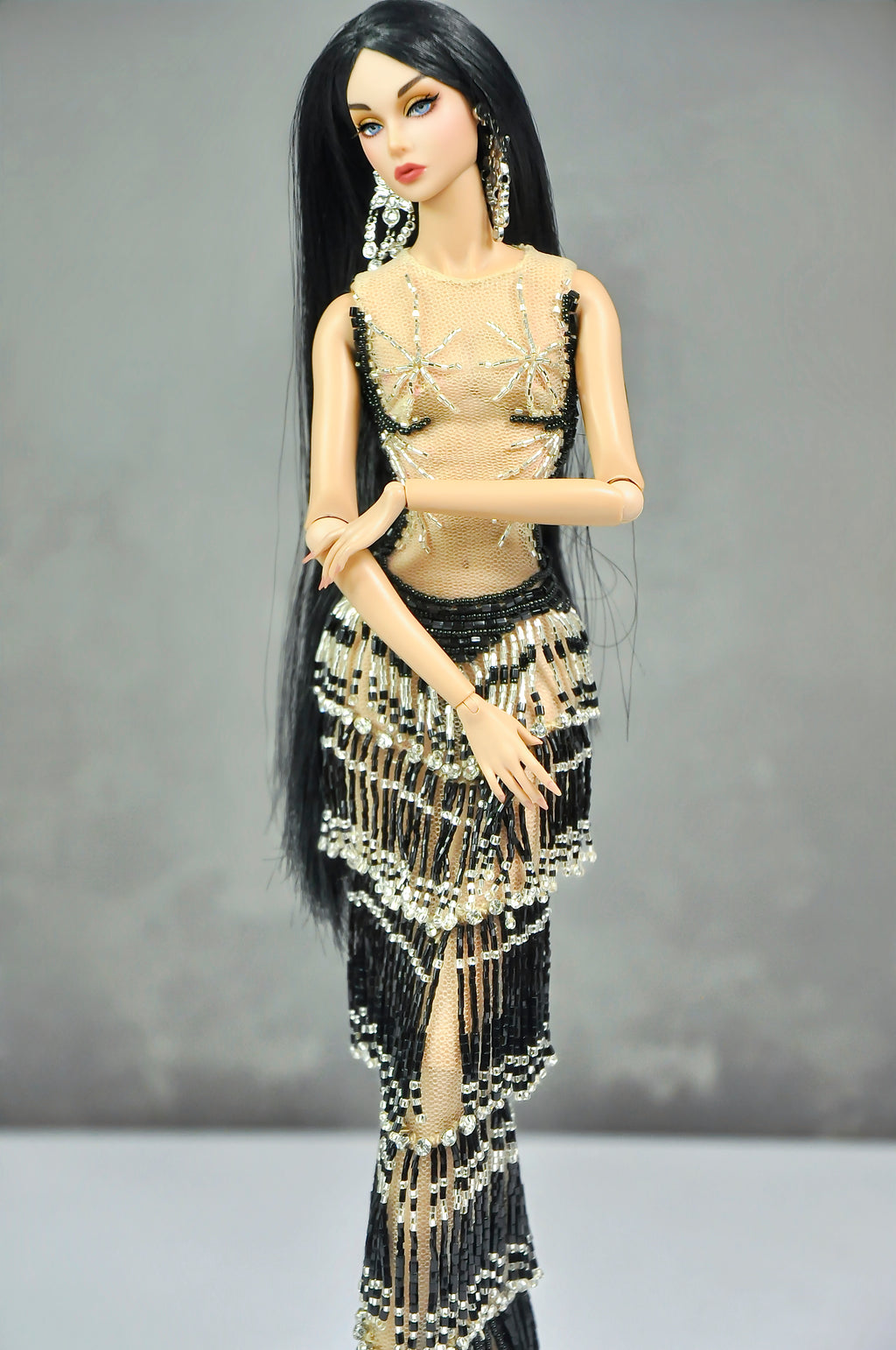 AURA COLLECTION | Noir Eclipse Beaded Gown with Feather Stole for Fashion Royalty doll clothes