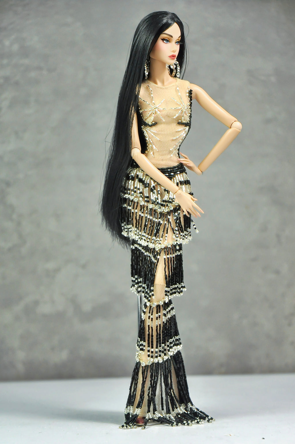 AURA COLLECTION | Noir Eclipse Beaded Gown with Feather Stole for Fashion Royalty doll clothes