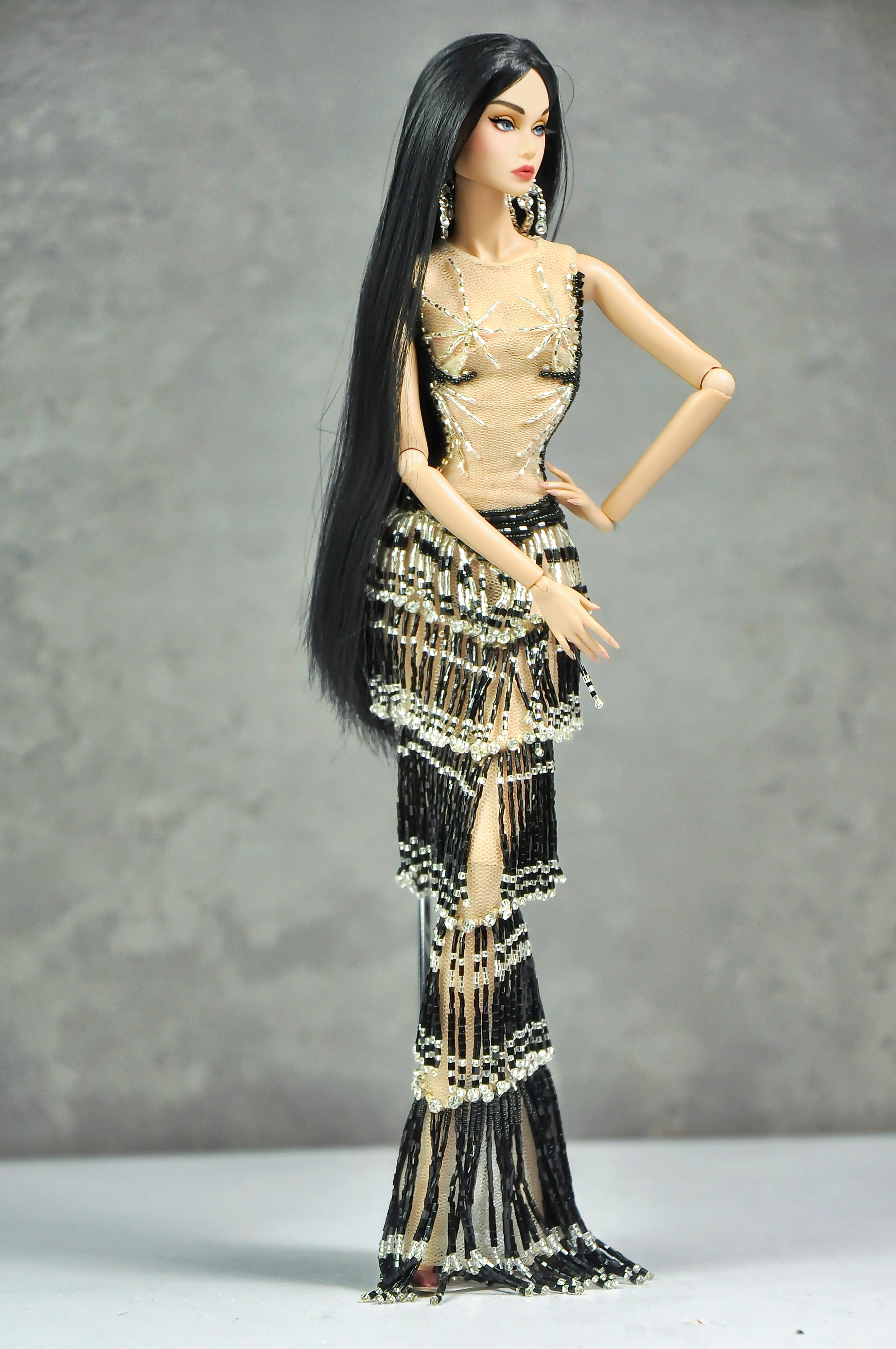 AURA COLLECTION | Noir Eclipse Beaded Gown with Feather Stole for Fashion Royalty doll clothes