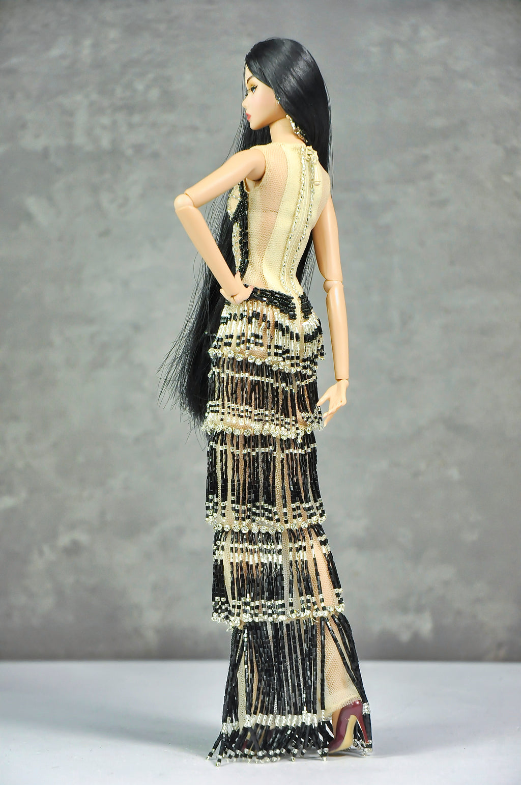 AURA COLLECTION | Noir Eclipse Beaded Gown with Feather Stole for Fashion Royalty doll clothes