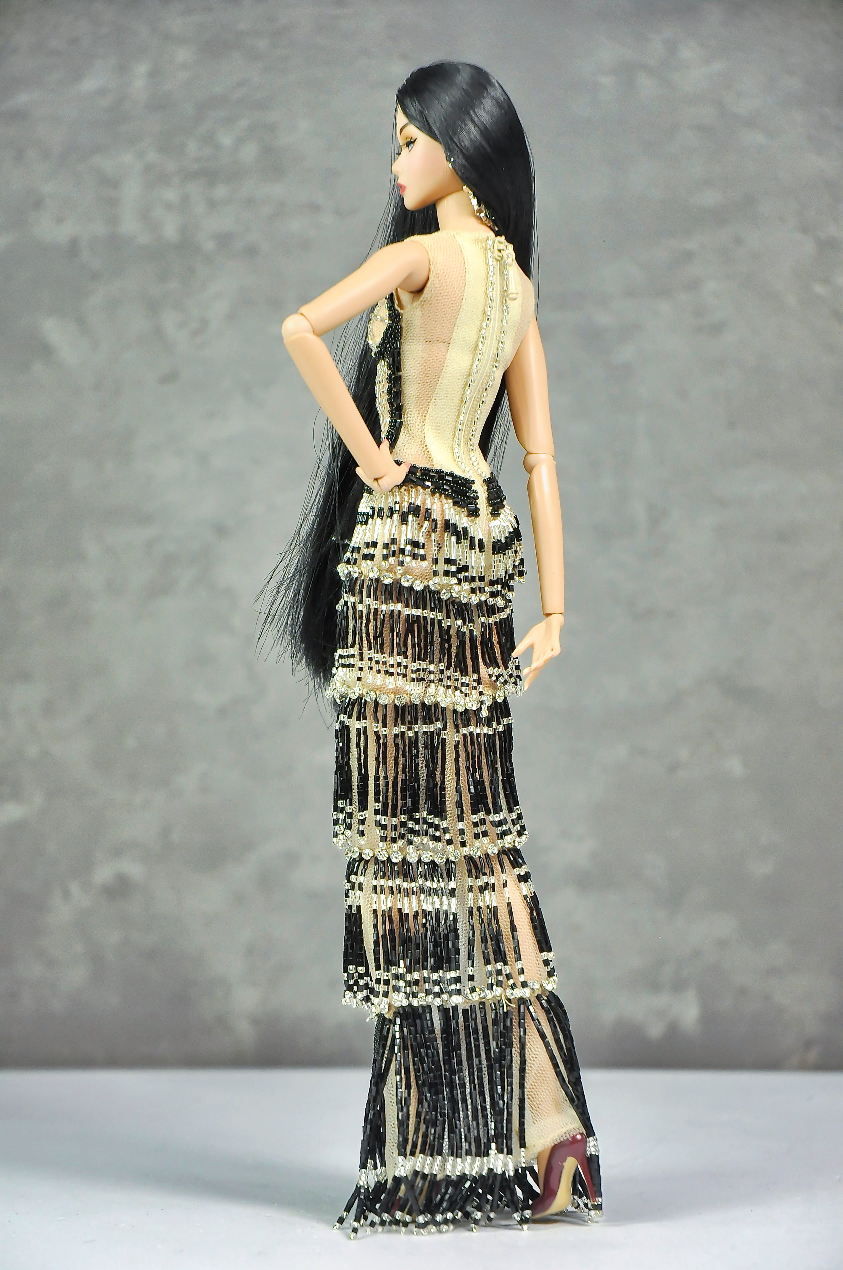 AURA COLLECTION | Noir Eclipse Beaded Gown with Feather Stole for Fashion Royalty doll clothes