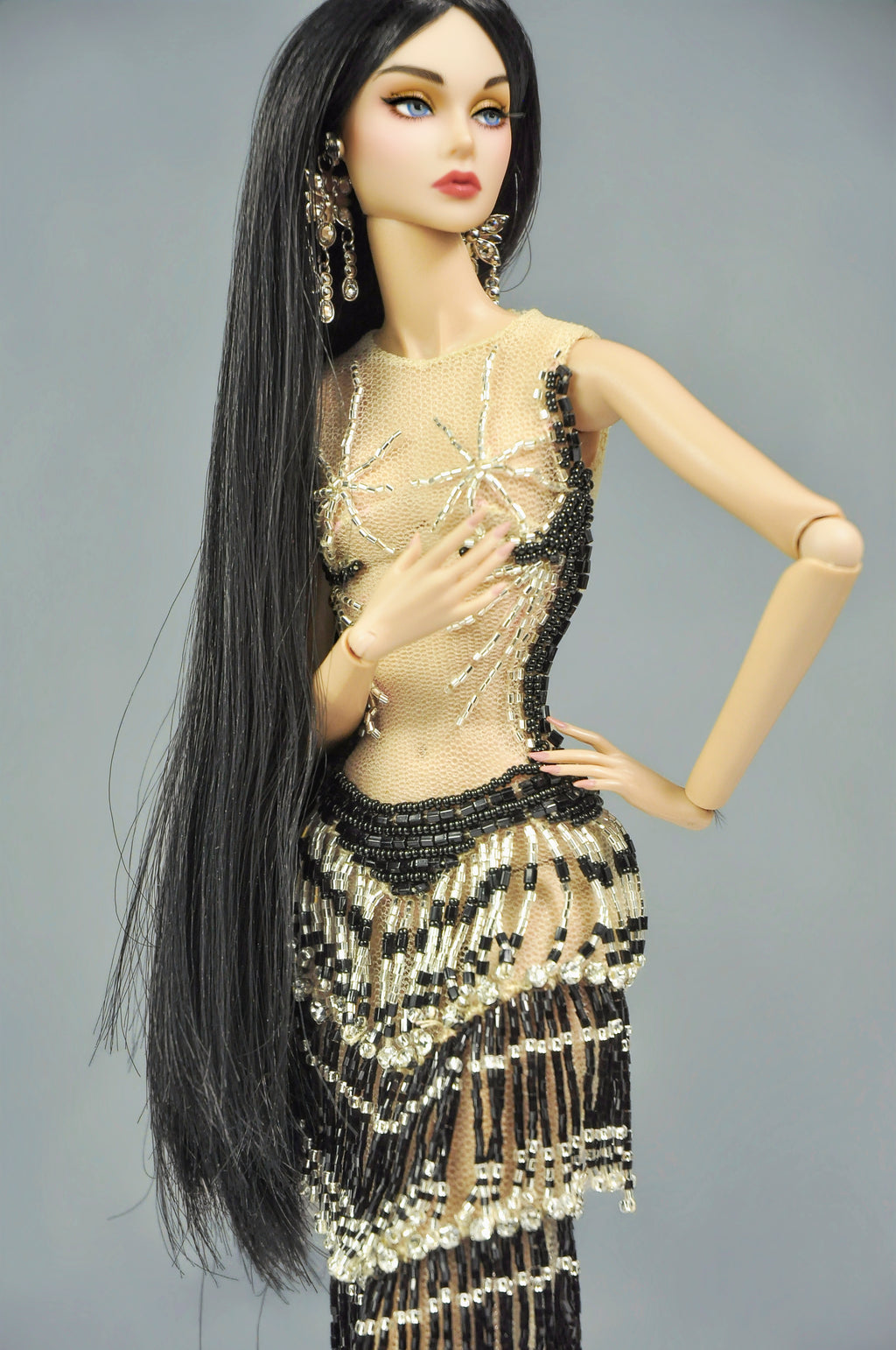 AURA COLLECTION | Noir Eclipse Beaded Gown with Feather Stole for Fashion Royalty doll clothes