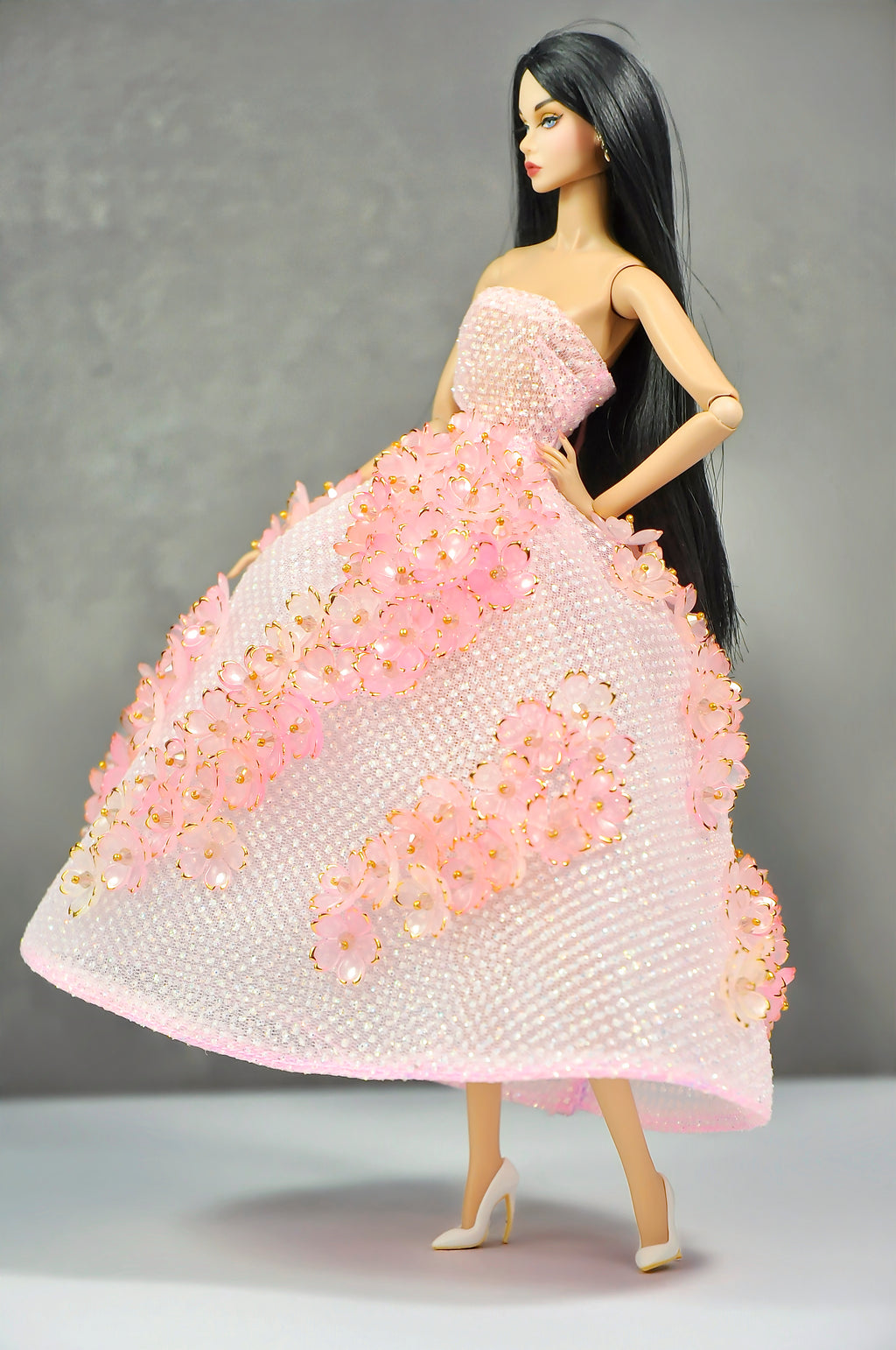 AURA COLLECTION | OOAK - Blush Petal Ball Gown for Fashion Royalty doll clothes & NU FACE doll