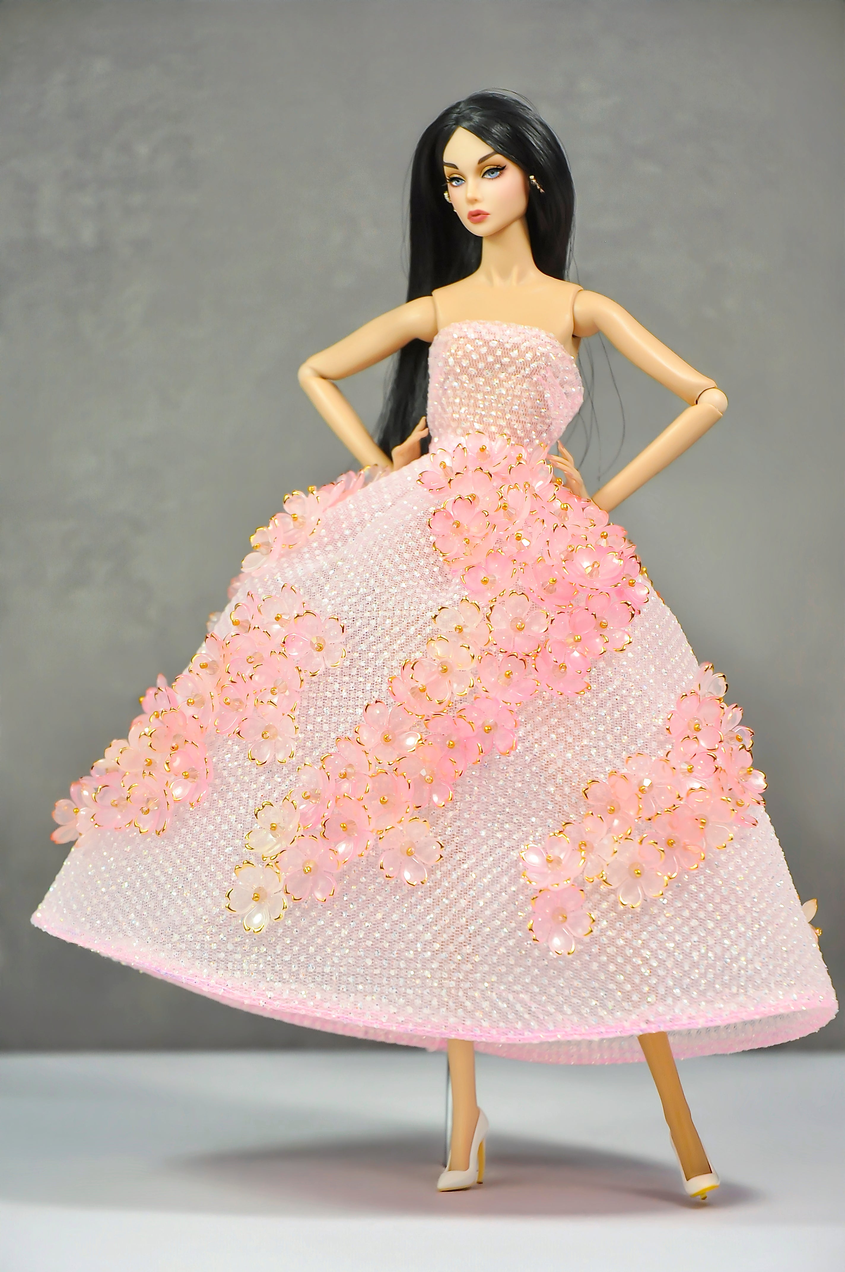 AURA COLLECTION | OOAK - Blush Petal Ball Gown for Fashion Royalty doll clothes & NU FACE doll